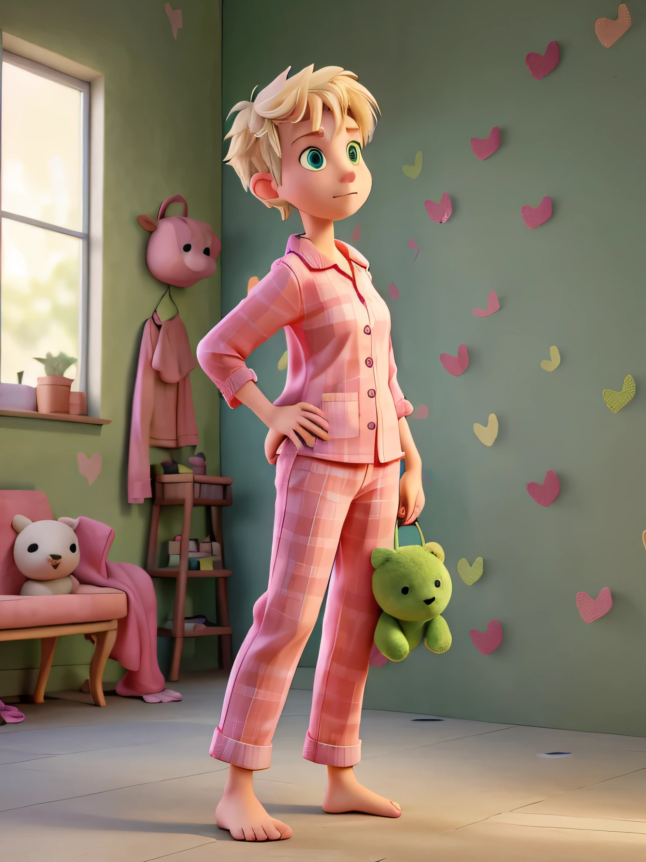 A young woman with spiky short blond hair, green eyes, facing the camera, back against the wall, wearing pink pajamas, holding a teddy bear in one hand, barefoot.