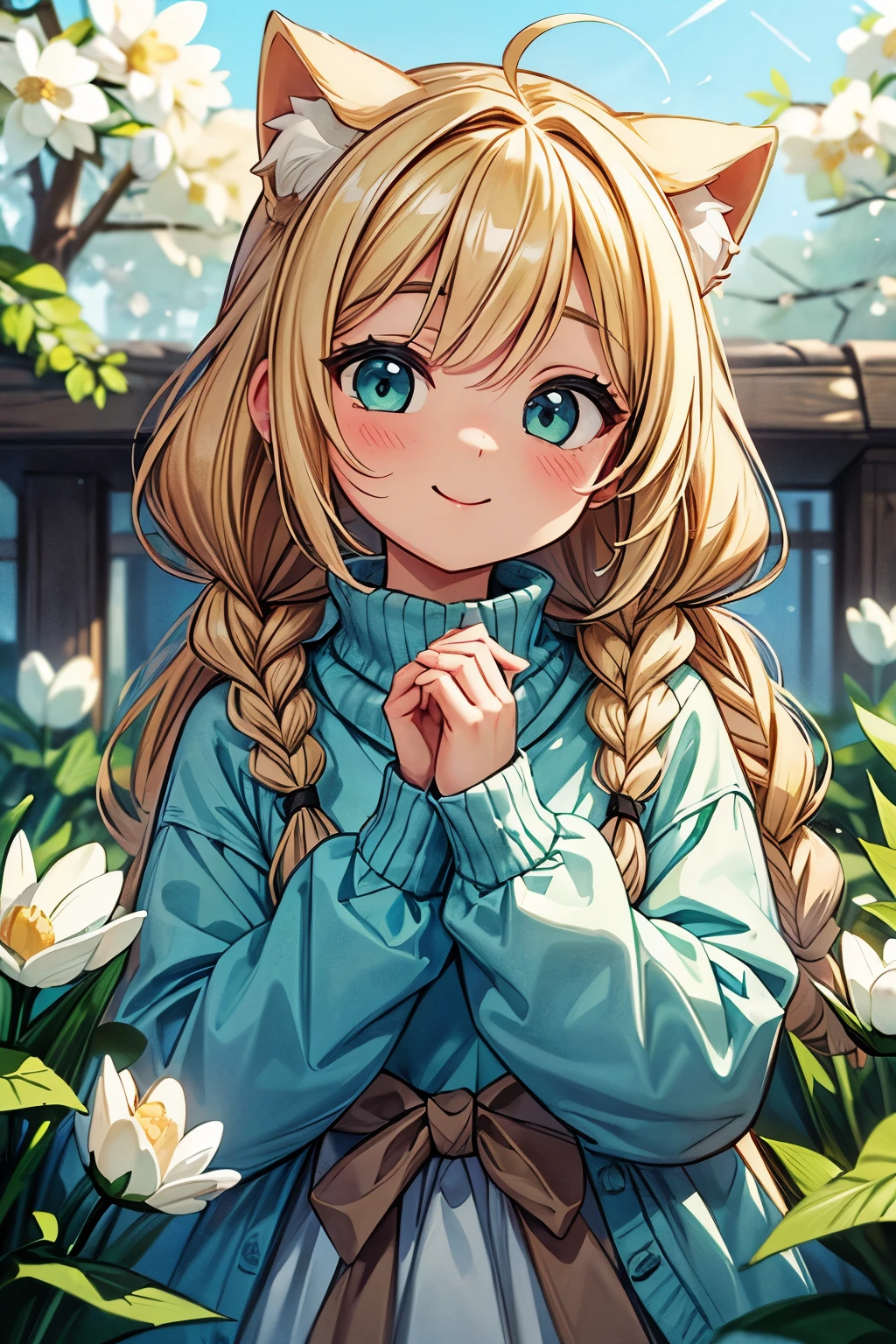 ((Masterpiece)), ((best quality)), (High Definition:1.3), (Professional Photography:1.2), A woman who symbolizes cuteness and kindness. (Familiar face) (Details:1.3) Blonde hair, braids, warm place, cat ears wrapped in sweater, warm light, bricks, outside, spring coming, eyes touching fluffy fur, cat ears A woman staring, very cute fluffy chibi characters that look fluffy and happy (Spring: 1.5) Smile, heavenly, epic, sky blue and light green tones, fantasy world, cute world.