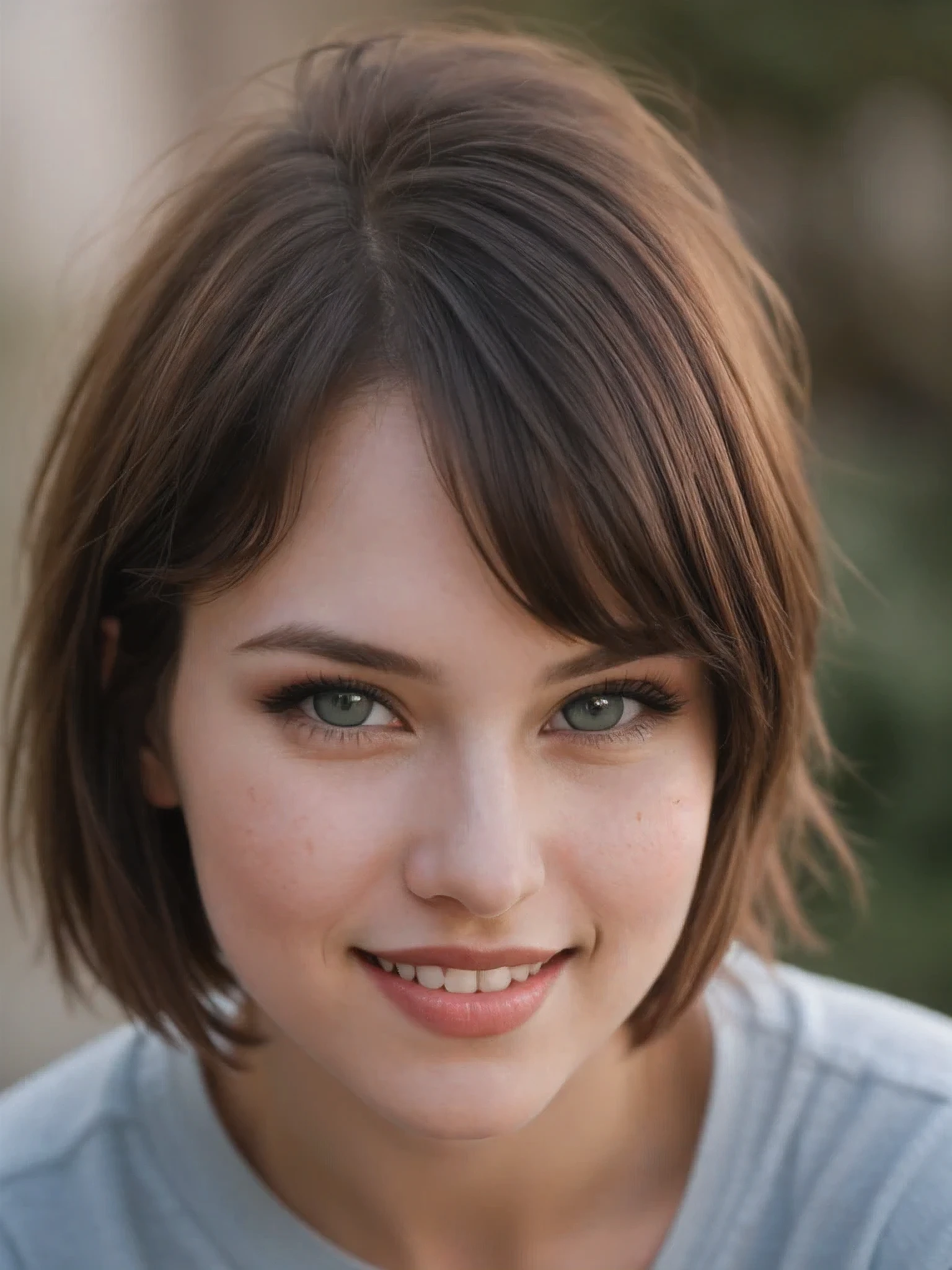 Masterpiece, (cinematic lighting:1.1), front view, [portrait], low-key lighting, (cute smile), eye focus, photo of (pale skin 30 year old girl with short brown bangs hair), wearing black shirt, perfect face, glaring blue eyes, [gothic makeup], pouting seductively, (detailed skin), [[[light freckles]]], [[[imperfect skin]]], high frequency details, (film grain), dramatic, ornate, cold colors, (backlighting:0.5), photographed on a Canon EOS R5, 85mm f/1.2 cine lens, sharp focus, (highly detailed, intricately detailed), (Cinestill 800T:0.9), medium closeup  