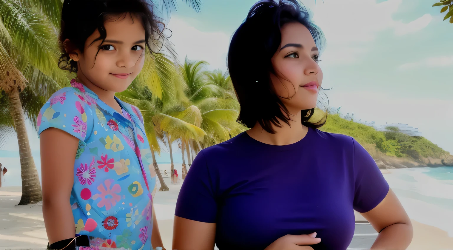 there is a woman and a person standing on the sidewalk, fora, family, mulher de 30 anos, Praia, Indo, Children, Mother, modelagem para dolce e gabanna, near the Praia, Children, ventando. Mulher americana com branco, pele bronzeada e cabelo castanho escuro. Your well-defined lips. seu grande, olhos encantadores parecem conter um mundo de maravilhas. Ela tem 35 anos. Ela tem 162 cm de altura e pesa 56 kg. Your body exudes glamor and your face is the definition of beauty, pernas bem torneadas, Beautiful lips, ela usa batom rosa, feeling of lightness and joy, hiperrealismo, obra de arte, alta qualidade, foto clara, high resolution, 8K.
