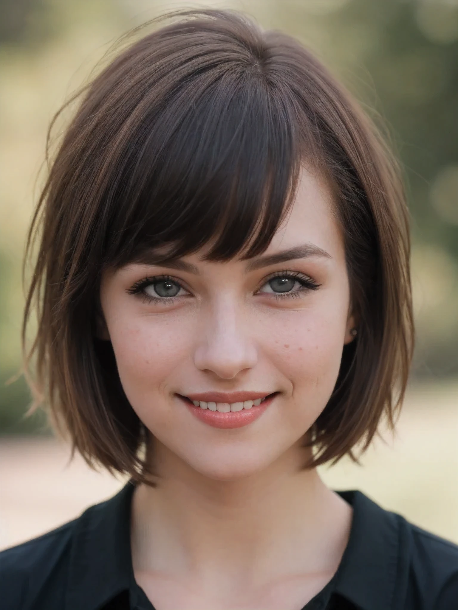 Masterpiece, (cinematic lighting:1.1), front view, [portrait], low-key lighting, (cute smile), eye focus, photo of (pale skin 30 year old girl with short brown bangs hair), wearing black shirt, perfect face, glaring blue eyes, [gothic makeup], pouting seductively, (detailed skin), [[[light freckles]]], [[[imperfect skin]]], high frequency details, (film grain), dramatic, ornate, cold colors, (backlighting:0.5), photographed on a Canon EOS R5, 85mm f/1.2 cine lens, sharp focus, (highly detailed, intricately detailed), (Cinestill 800T:0.9), medium closeup  
