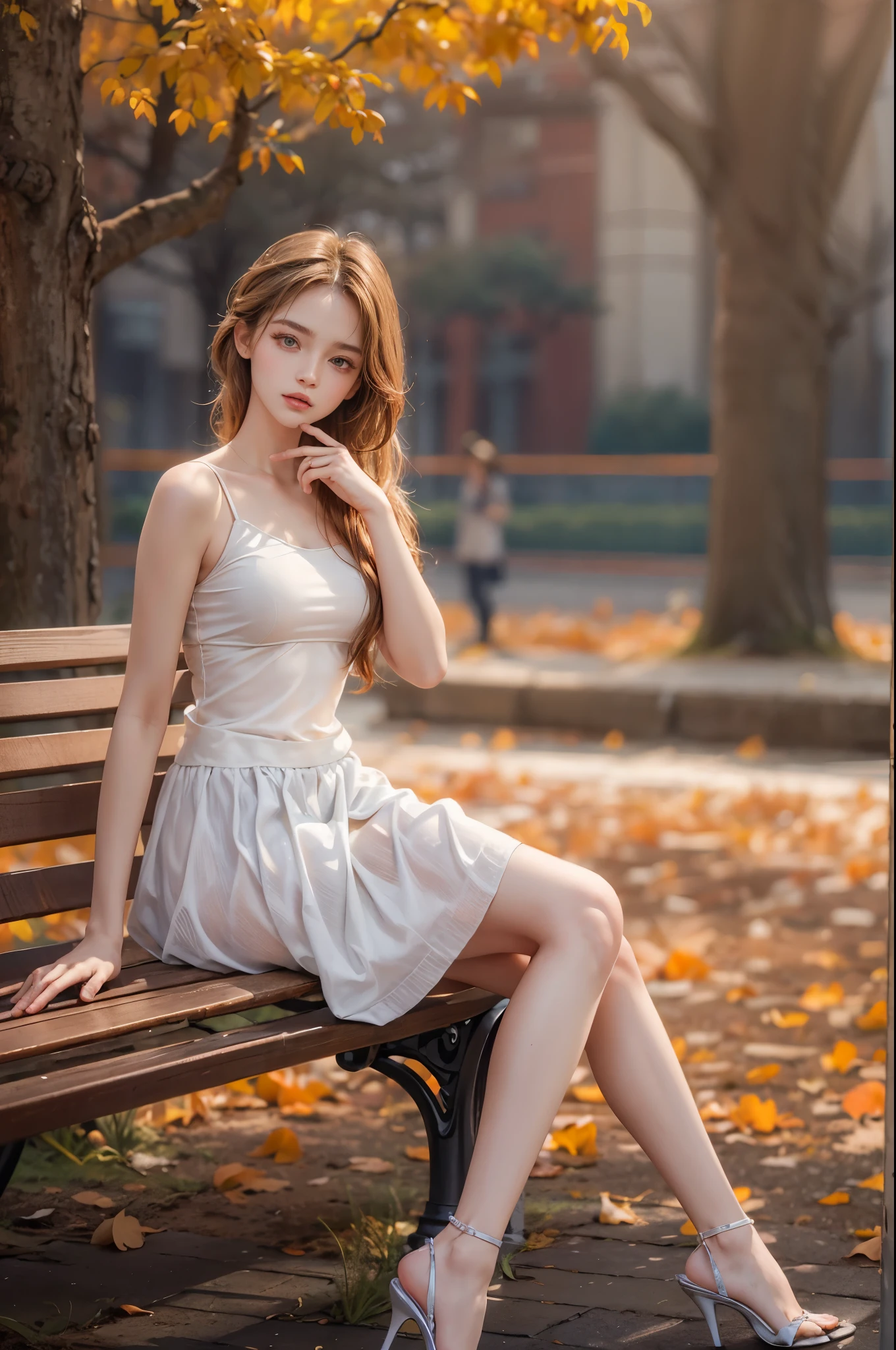 masterpiece, best quality, high quality, High definition, High quality texture, High quality shadow, high detail, beautiful detailed, finely detailed, extremely detailed cg, detailed texture, a realistic representation of the face, realistic, colorful, delicate, sharp focus, (intricate details, makeup, PureErosFace_V1:0.5), (detailed beautiful delicate face, detailed beautiful delicate eyes, a face of perfect proportion, high detailed skin, detailed skin, best ratio four finger and one thumb, skiny and thin:1.3), 1girl, 17 years old, tall, (smooth_abs:1.55), (abs:0.5), pretty, masterpiece, highres, (long_skinny_legs), (straight_legs), (skinny_waist), (((fair skin))), white skin, (((pale skin))), (Emma_watson), big_breast, (((Caucasian))), Light blonde hair, full body, portrait of 1 cute blonde girl, film grain, Fujifilm XT3, dreamy. ((full body)), ((from side)), ((Sit on a park bench, slender leg)), ((realistic)), Air bangs, Beautiful hair accessories, slim, Short orange tight skirt, high-heels, (Campus style), autumn afternoon warm lights, bloom, orange fog, motion, a warm color palette, Simple blurred background