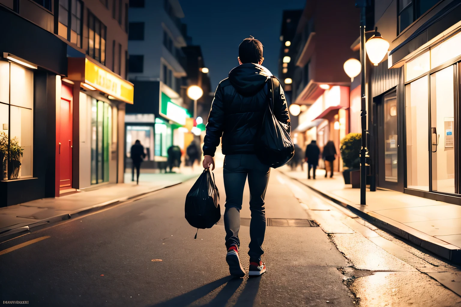 The hand of a man walking down the street in the middle of the night is holding a black plastic bag