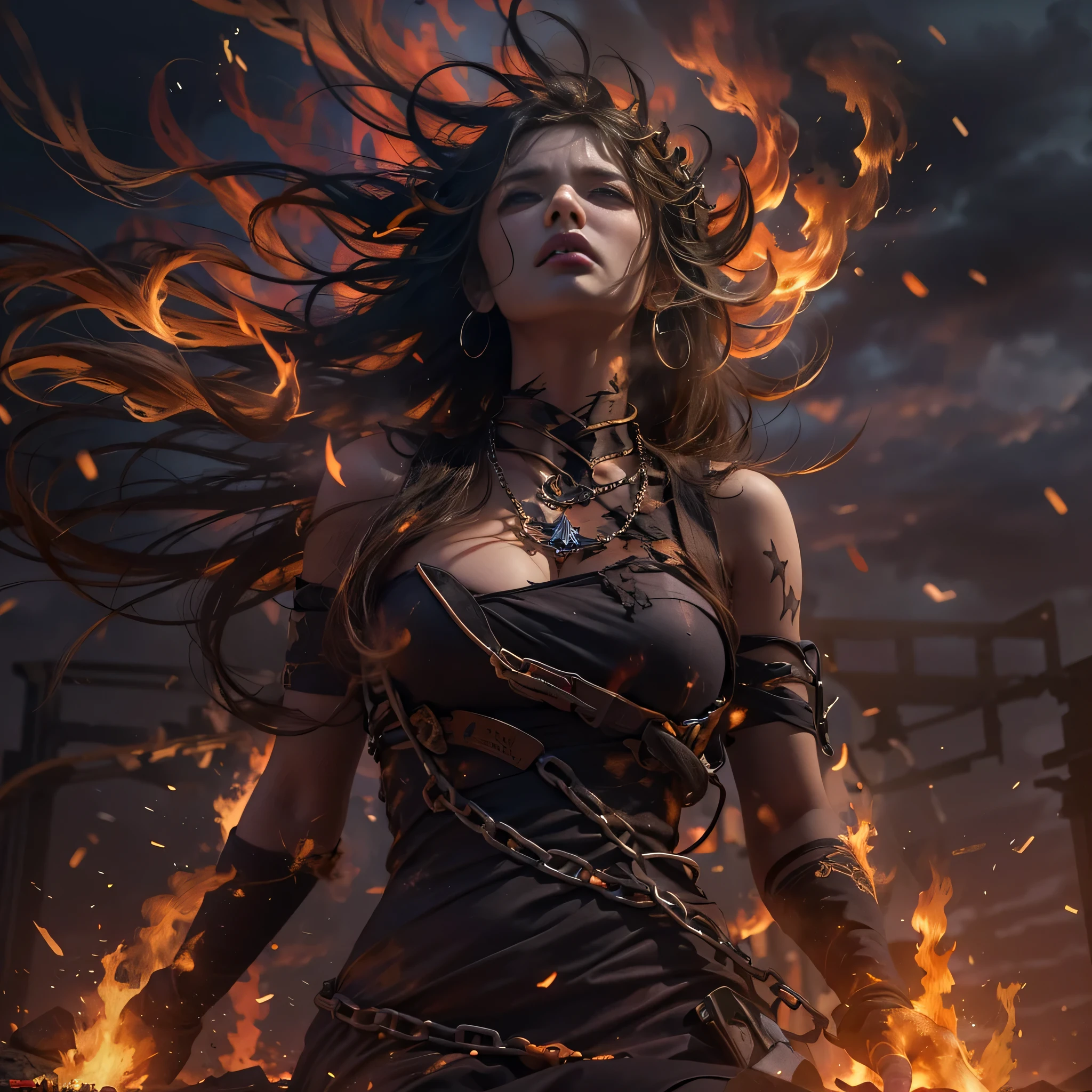 (Best quality,4k,8K,A high resolution,Masterpiece:1.2),ultra detailed,(Realistic,photoRealistic,photo-Realistic:1.37),The giantess is shackled in burning chains,bottom view,Illustration,Metallic texture,Demonic atmosphere,Massive figure,enormously powerful,melting chains,scorching heat,rays of light penetrate through the cracks,fierce determination,ominous shadows,exquisite detailing,hot waves,smoke rises,Fiery Radiance,sparks, similar to fireworks,dramatic composition,dark fantasy,emerald flame,fierce expression,sparkling eyes,burning tattoos,Fiery destruction,Apocalyptic scene,crumbling ruins,distant flame,molten lava,giant steps, earth shaking,Impressive presence,Force majeure,devastation of the battlefield,constantly growing in size,menacing clouds hung overhead,crimson danger,Indomitable Spirit,enchanted chains,exhausted, pained expression,majestic and formidable,stunningly beautiful,demonic transformation,Transcendental Power,unbridled chaos,Fierce Determination,storm of fire and fury