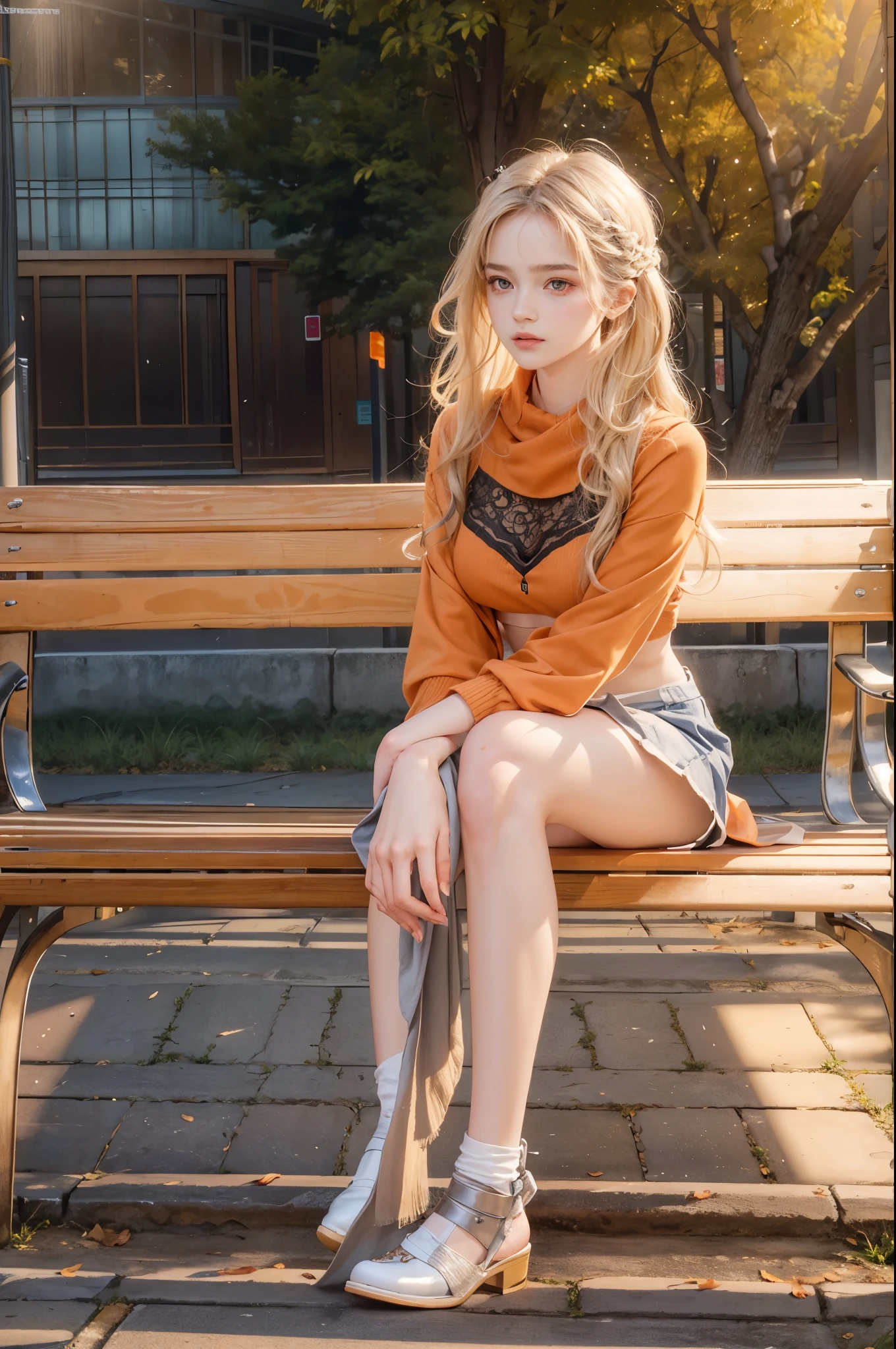 masterpiece, best quality, high quality, High definition, High quality texture, High quality shadow, high detail, beautiful detailed, finely detailed, extremely detailed cg, detailed texture, a realistic representation of the face, realistic, colorful, delicate, sharp focus, (intricate details, makeup, PureErosFace_V1:0.5), (detailed beautiful delicate face, detailed beautiful delicate eyes, a face of perfect proportion, high detailed skin, detailed skin, best ratio four finger and one thumb, skiny and thin:1.3), 1girl, , tall, (smooth_abs:1.55), (abs:0.5), pretty, masterpiece, highres, (long_skinny_legs), (straight_legs), (skinny_waist), (((fair skin))), white skin, (((pale skin))), (Emma_watson), big_breast, (((Caucasian))), Light blonde hair, full body, portrait of 1 cute blonde girl, film grain, Fujifilm XT3, dreamy. ((full body)), ((from side)), ((Sit on a park bench, slender leg)), ((realistic)), Air bangs, Beautiful hair accessories, slim, Short orange tight skirt, high-heels, (Campus style), autumn afternoon warm lights, bloom, orange fog, motion, a warm color palette, Simple blurred background