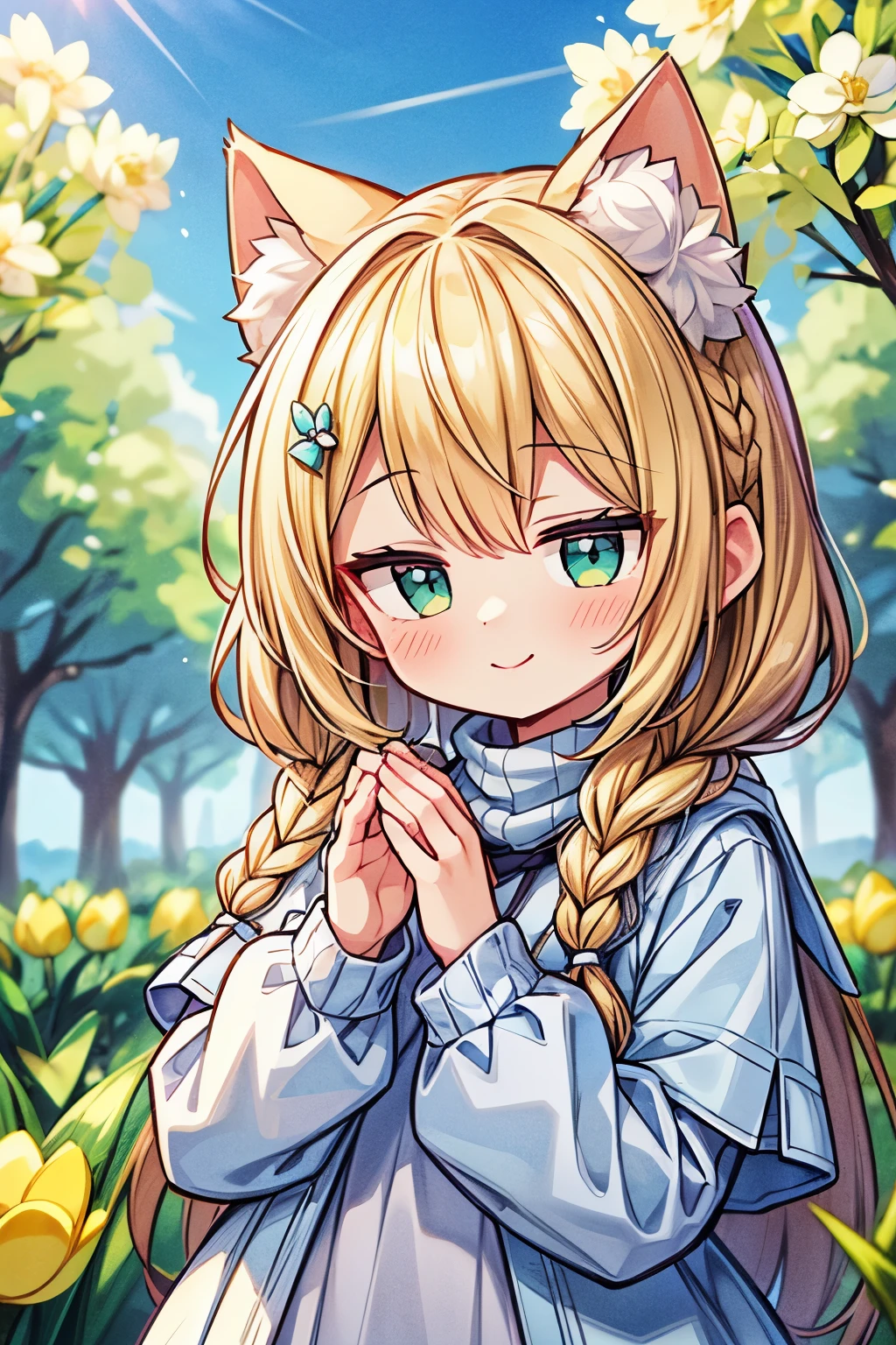 ((Masterpiece)), ((best quality)), (High Definition:1.3), (Professional Photography:1.2), A woman who symbolizes cuteness and kindness. (Familiar face) (Details:1.3) Blonde hair, braids, warm place, cat ears wrapped in sweater, warm light, bricks, outside, spring coming, eyes touching fluffy fur, cat ears A woman staring, very cute fluffy chibi characters that look fluffy and happy (Spring: 1.5) Smile, heavenly, epic, sky blue and light green tones, fantasy world, cute world.