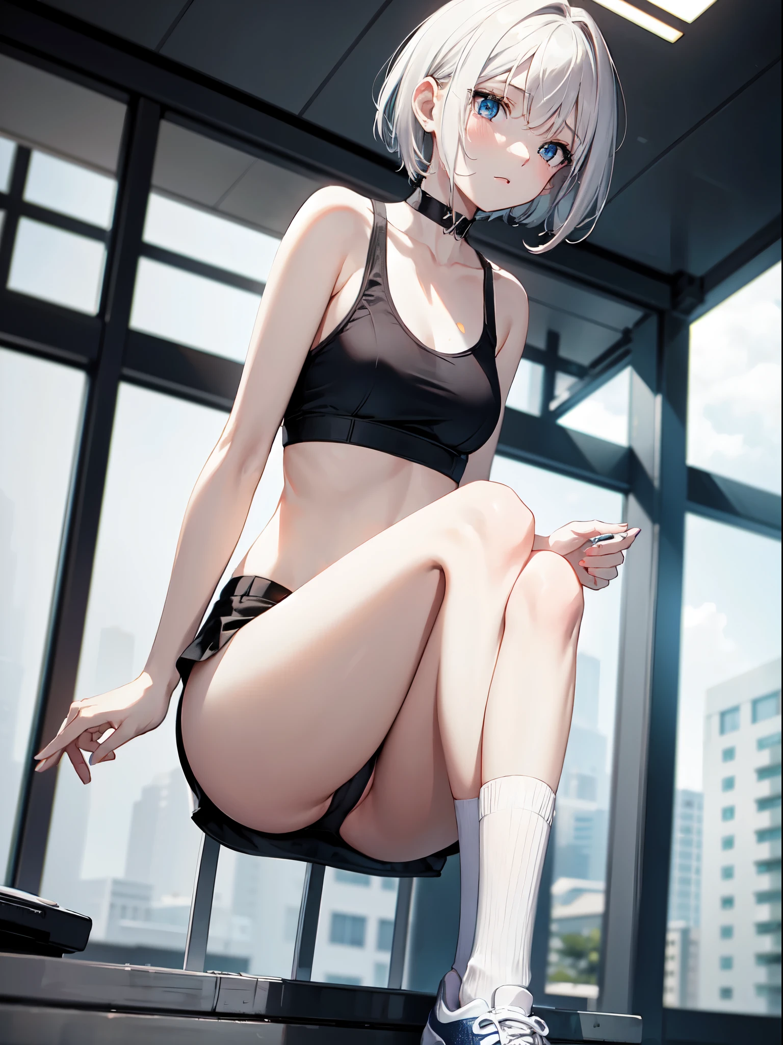 1 girl, (alone:1.2), ((masterpiece)), Slim, , pale skin, ((delicate eyes)), (bokeh effect), sweating, (dynamic angle),jump, white hair, short hair, bare shoulders,Lilu's collarbone, armpit, (External), shy, School cafeteria, thong,sports shoes,White over-the-knee stockings,running,b cup,white girls sports bra,high resolution,Super detailed,marks of strangulation,Slim腿