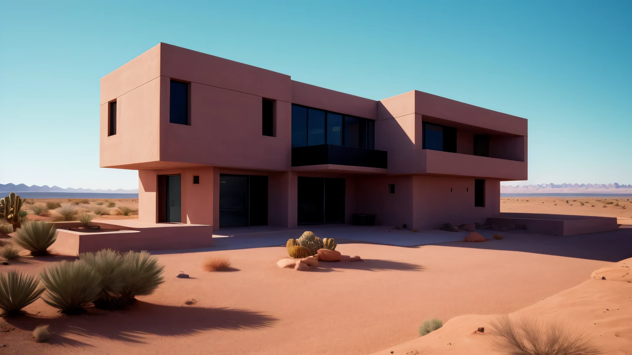 brutalist home cold desert, desert, vaporwave, frank lloyd wright