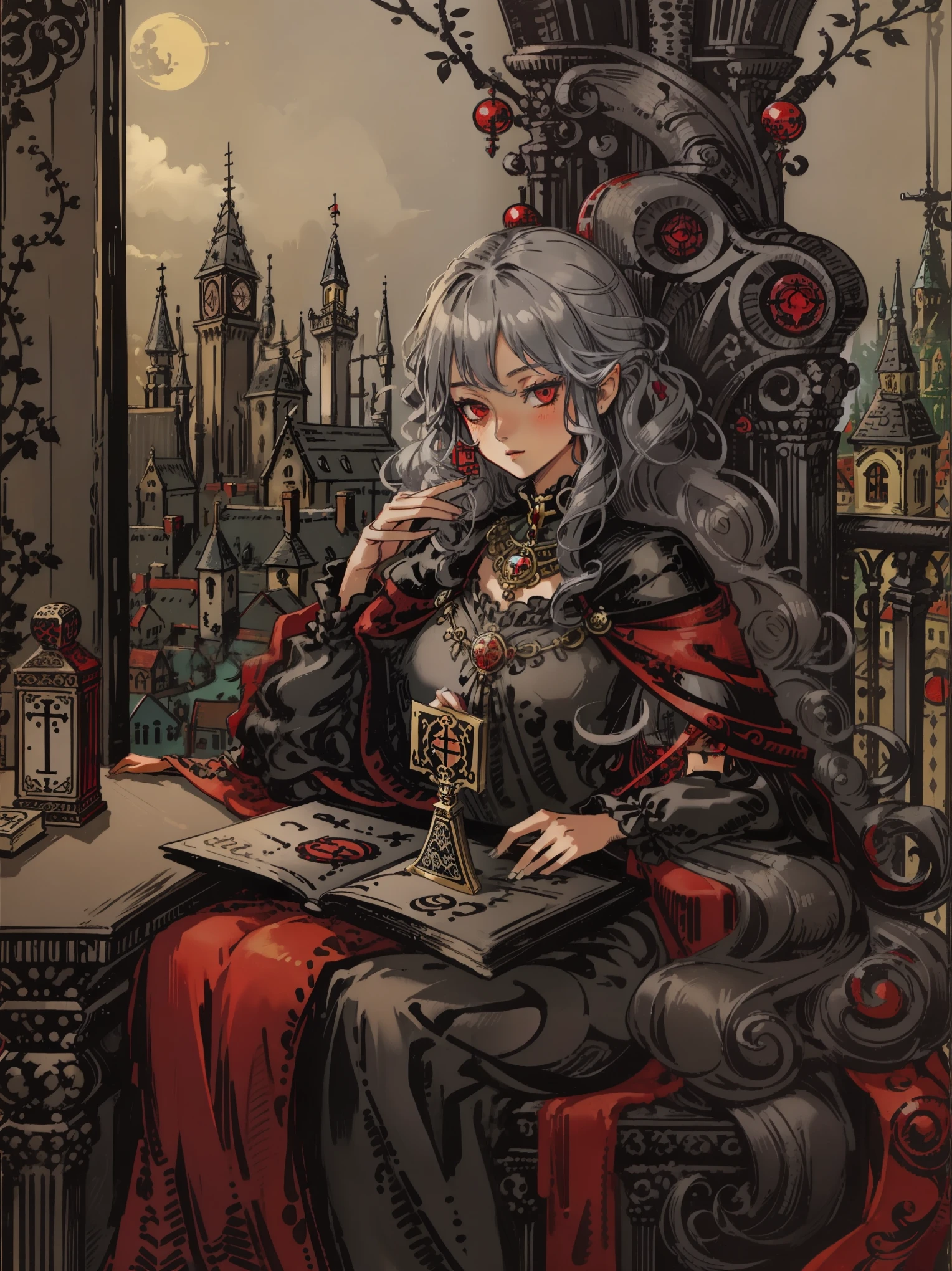 (best quality, masterpiece:1.2), cute, 1girl, fantasy town, gray hair, red eyes,black long hair, fantasy, aristocratic, curly hair, decollete, with tarot card, caption