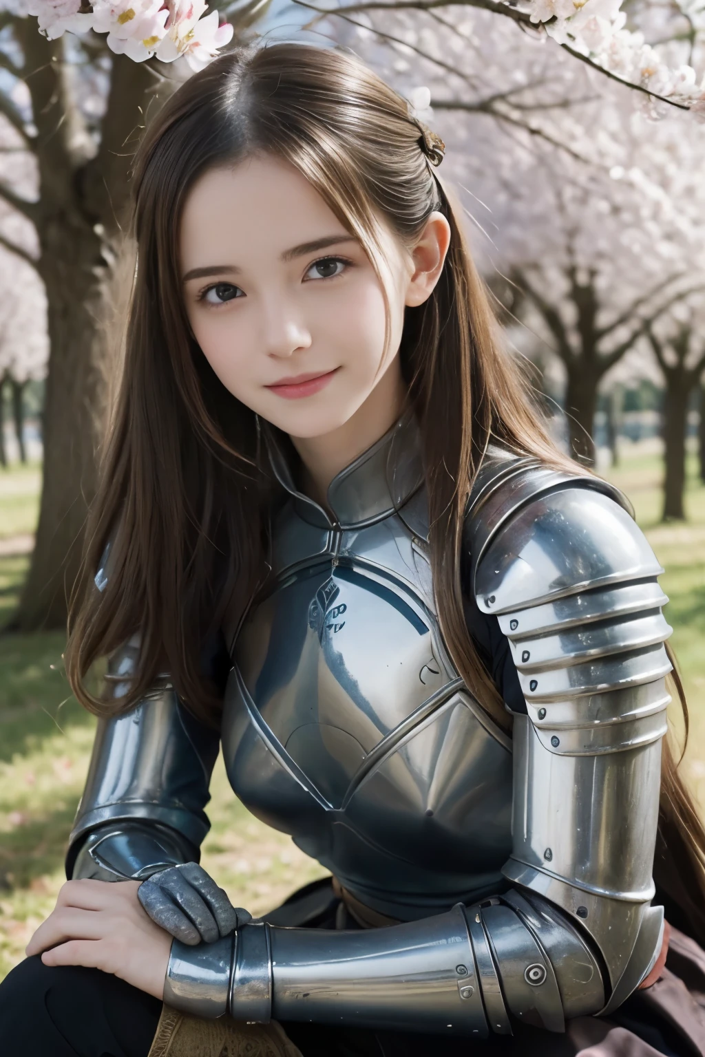 Masterpiece, Best quality, 8k, 18 ans, Photo brute, absurdes, Award-winning portrait, sourire, sourire, pure, french, female knight, spring, orchard in bloom, Italian, elegant, sitting, long hair, heroine, armor, sword