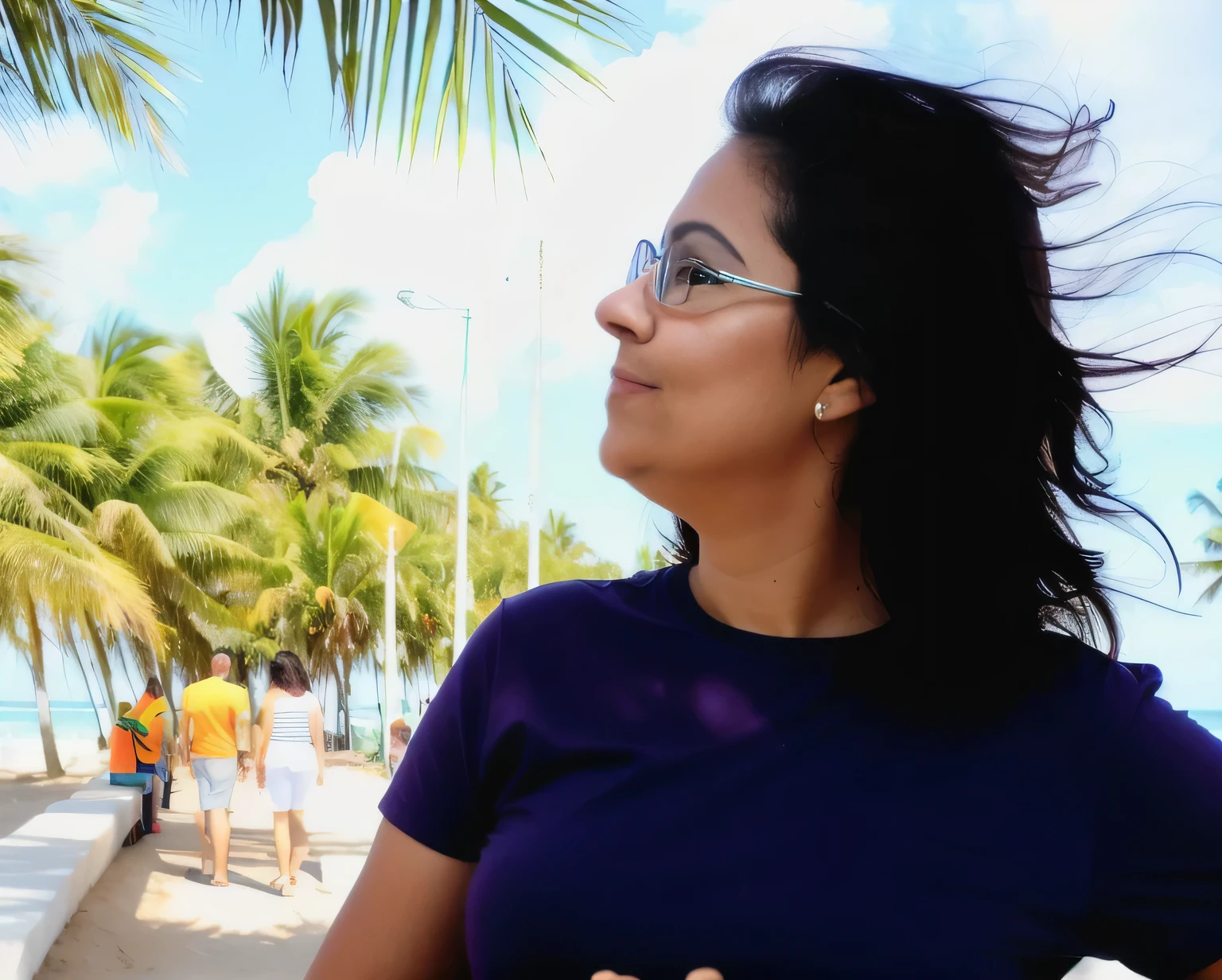 woman in glasses looking at palm trees on the beach, looking away from the camera, desviando o olhar do espectador, com palmeiras nas costas, olhando de lado, looking away from the camera, olhando para longe, retrato grande angular, Foto de perfil, looking to the side of the camera, olhando para longe, palmeiras ao fundo, looking at the sky, 35 anos. 8k