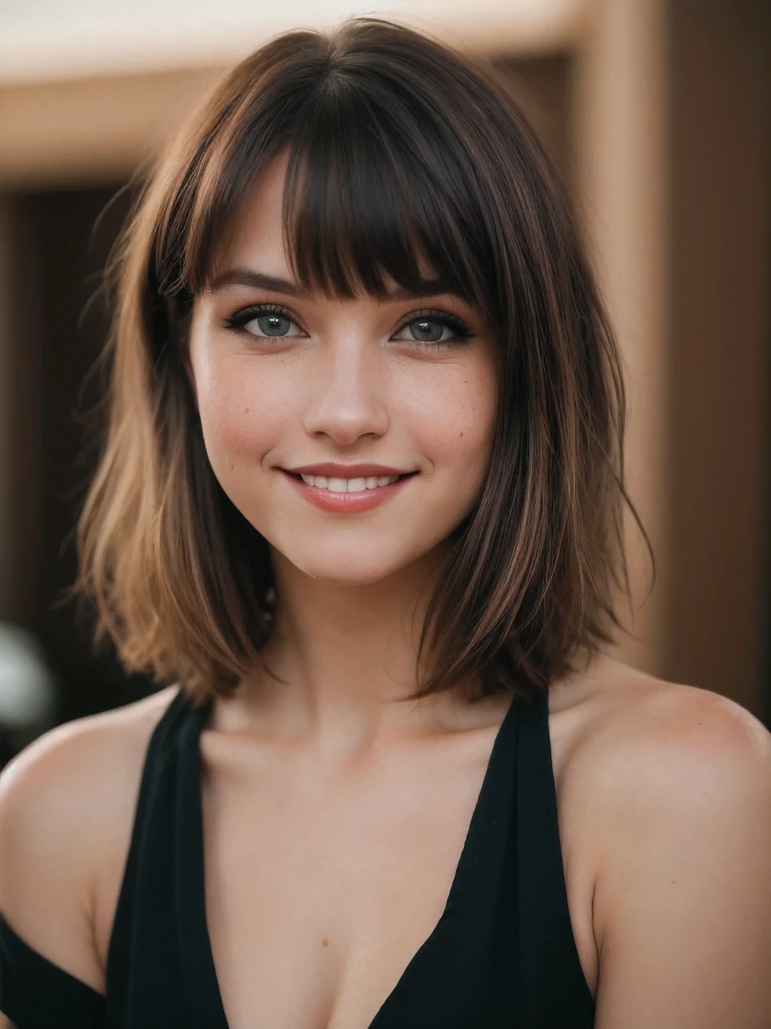 Masterpiece, (cinematic lighting:1.1), front view, [portrait], low-key lighting, (cute smile), eye focus, photo of (pale skin 30 year old girl with short brown bangs hair), wearing black shirt, perfect face, glaring blue eyes, [gothic makeup], pouting seductively, (detailed skin), [[[light freckles]]], [[[imperfect skin]]], high frequency details, (film grain), dramatic, ornate, cold colors, (backlighting:0.5), photographed on a Canon EOS R5, 85mm f/1.2 cine lens, sharp focus, (highly detailed, intricately detailed), (Cinestill 800T:0.9), medium closeup  