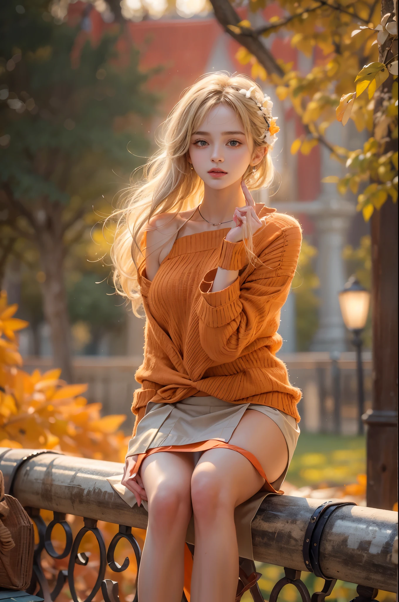 masterpiece, best quality, high quality, High definition, High quality texture, High quality shadow, high detail, beautiful detailed, finely detailed, extremely detailed cg, detailed texture, a realistic representation of the face, realistic, colorful, delicate, sharp focus, (intricate details, makeup, PureErosFace_V1:0.5), (detailed beautiful delicate face, detailed beautiful delicate eyes, a face of perfect proportion, high detailed skin, detailed skin, best ratio four finger and one thumb, skiny and thin:1.3), 1girl, 17 years old, tall, (smooth_abs:1.55), (abs:0.5), pretty, masterpiece, highres, (long_skinny_legs), (straight_legs), (skinny_waist), (((fair skin))), white skin, (((pale skin))), (Emma_watson), big_breast, (((Caucasian))), Light blonde hair, full body, portrait of 1 cute blonde girl, film grain, Fujifilm XT3, dreamy. ((full body)), ((from side)), ((Sit on a park bench, slender leg)), Air bangs, Beautiful hair accessories, slim, Short orange tight skirt, high-heels, (Campus style), autumn afternoon warm lights, bloom, orange fog, motion, a warm color palette, Simple blurred background, ((orange knit bandeau))