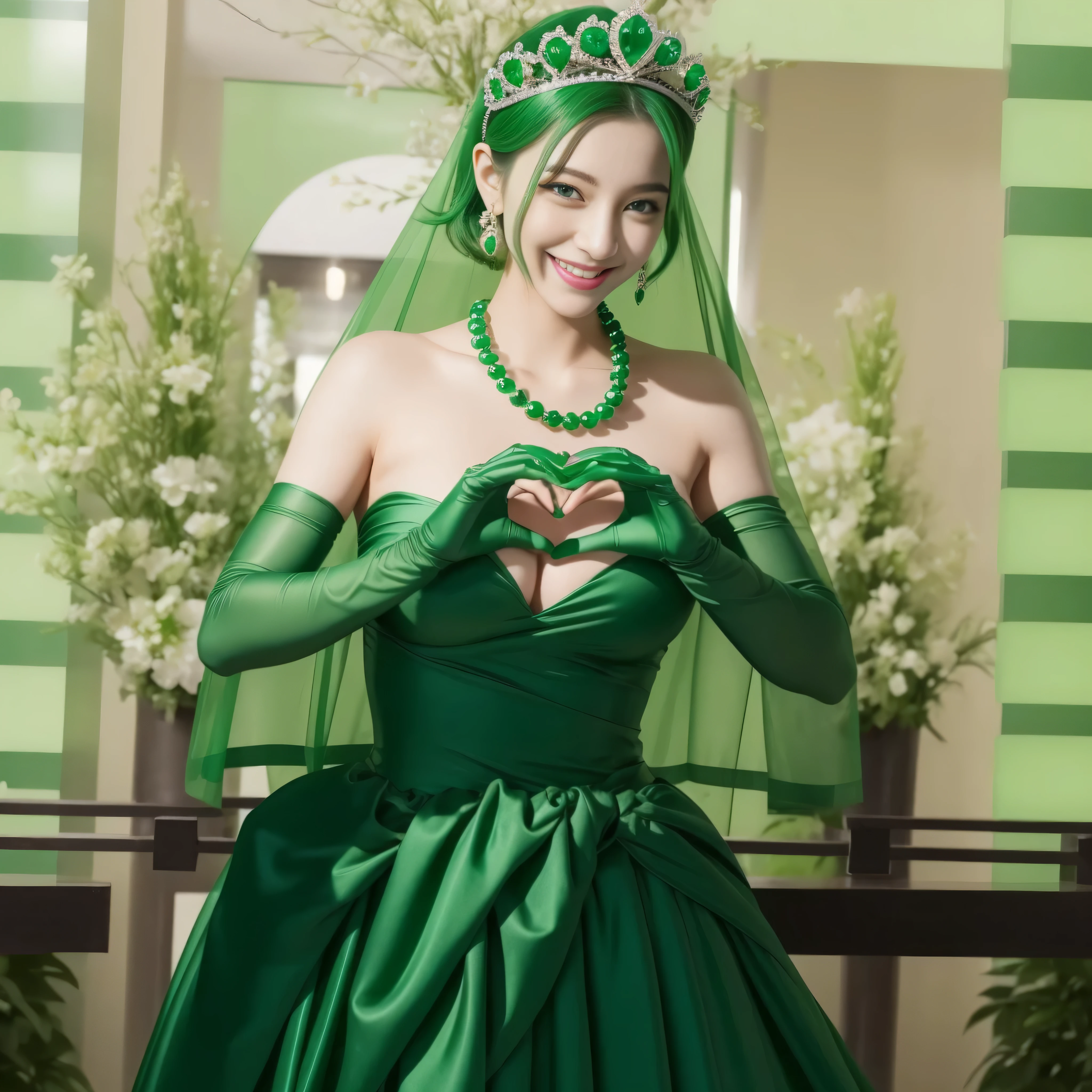 emerald tiara, Green Pearl Necklace, ボーイッシュな非常に短いgreen hair, green lips, smiling Japanese woman, very short hair,  beautiful woman with big breasts, green eyes, green satin long gloves, green eyes, emerald earrings, Green veil, Heart with both hands, green hair, beautiful japanese woman, heart shaped hands:1.3, green lip gloss