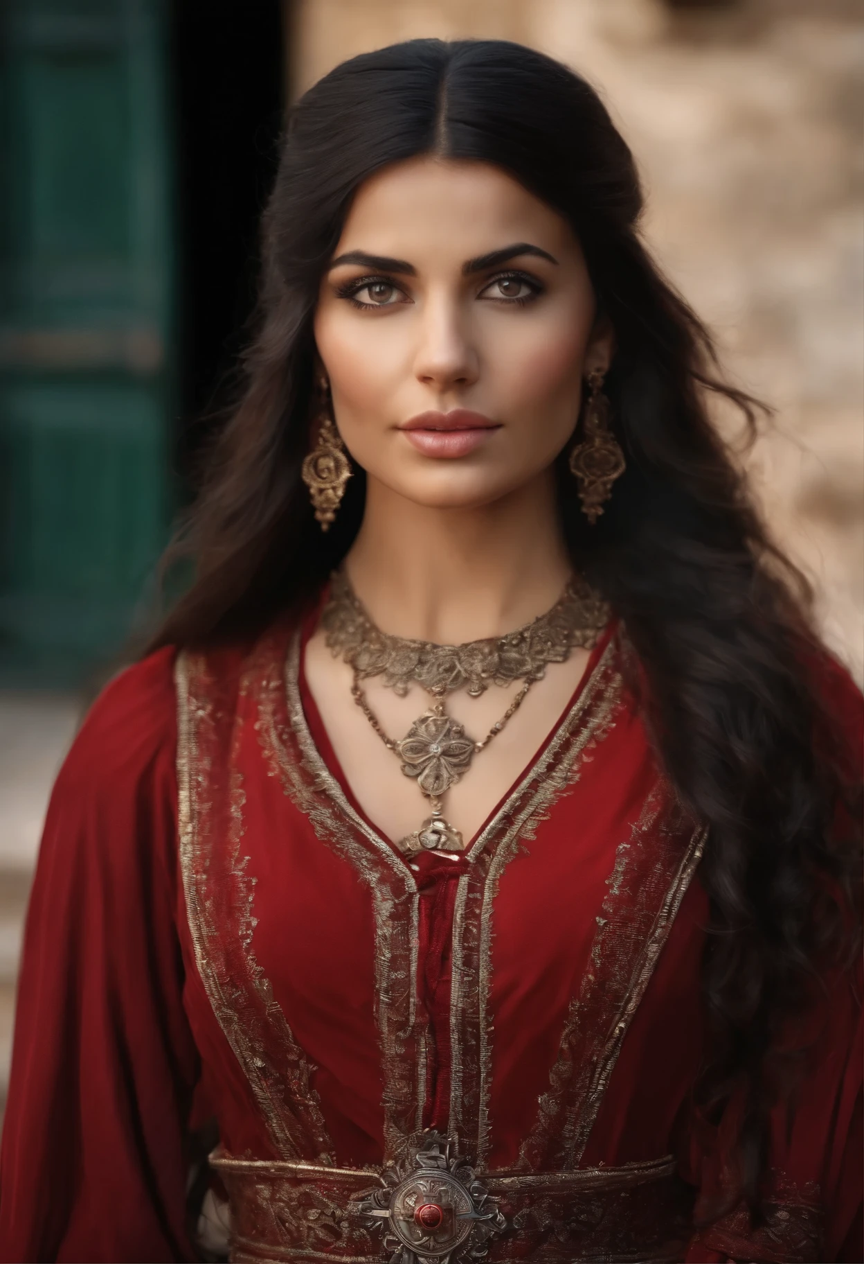 ((perfect face end eyes)), ((hyper realistic)), (highly detailed), perfect face, beautiful girl years old 29 black hair black eyes,red byzantine dress, wearing a byzantine Cross on neck ,standing in front of Byzantine building, Serbian medieval epch,black eyes, smiling softly,wind blowing hair
