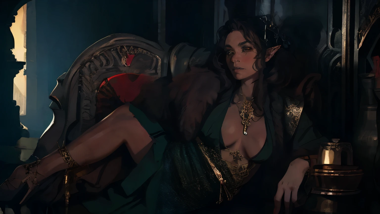 a female elf hunter in the style of a fantasy DND charecter, beautiful features and large breasts, black hair, holding a ornate bow, a large grey wolf with a scar on one eye walks by her side. forest sceene, wide view, full body shot. high noon