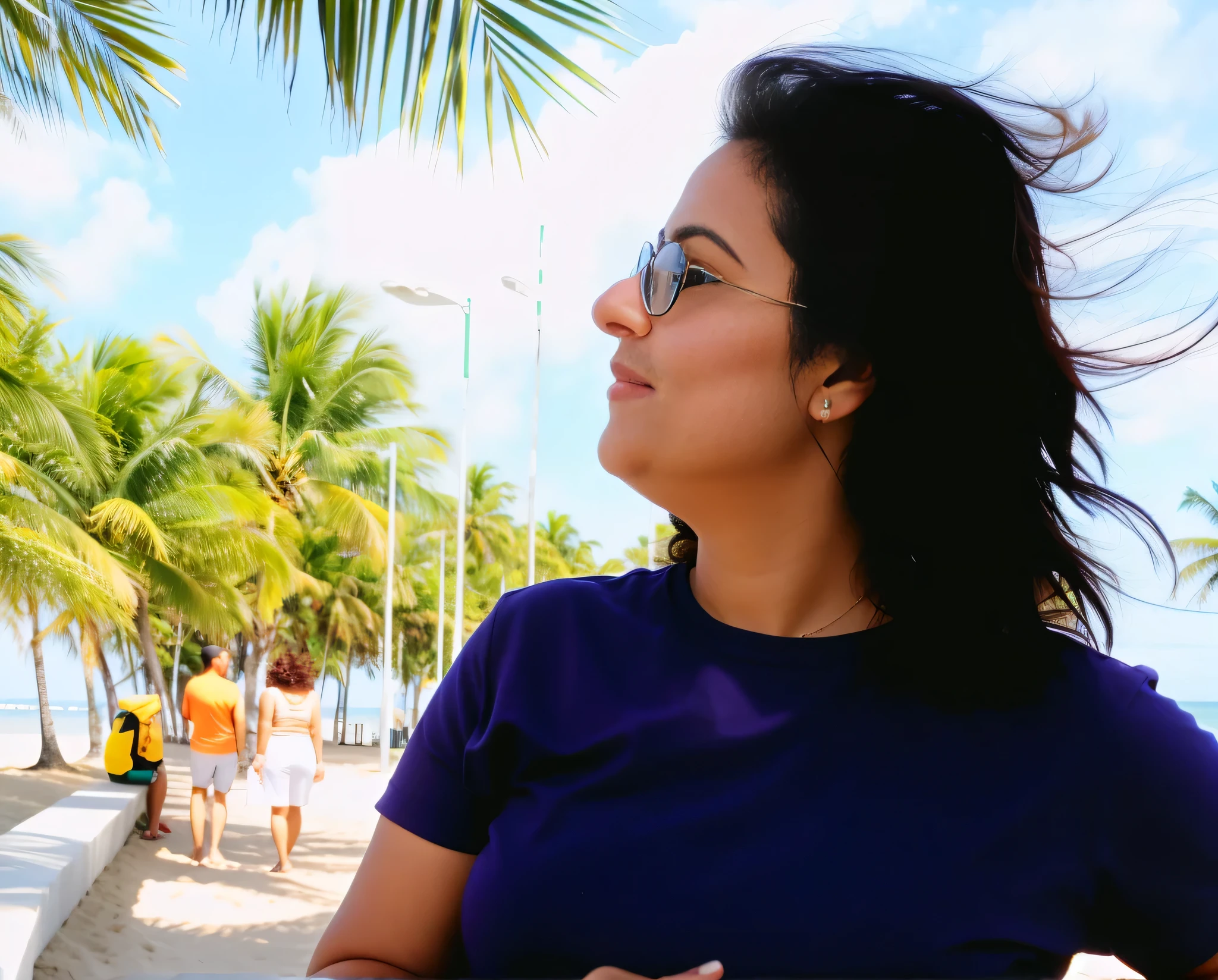 woman in glasses looking at palm trees on the beach, looking away from the camera, desviando o olhar do espectador, com palmeiras nas costas, olhando de lado, looking away from the camera, olhando para longe, retrato grande angular, Foto de perfil, looking to the side of the camera, olhando para longe, palmeiras ao fundo, looking at the sky, 35 anos. 8k