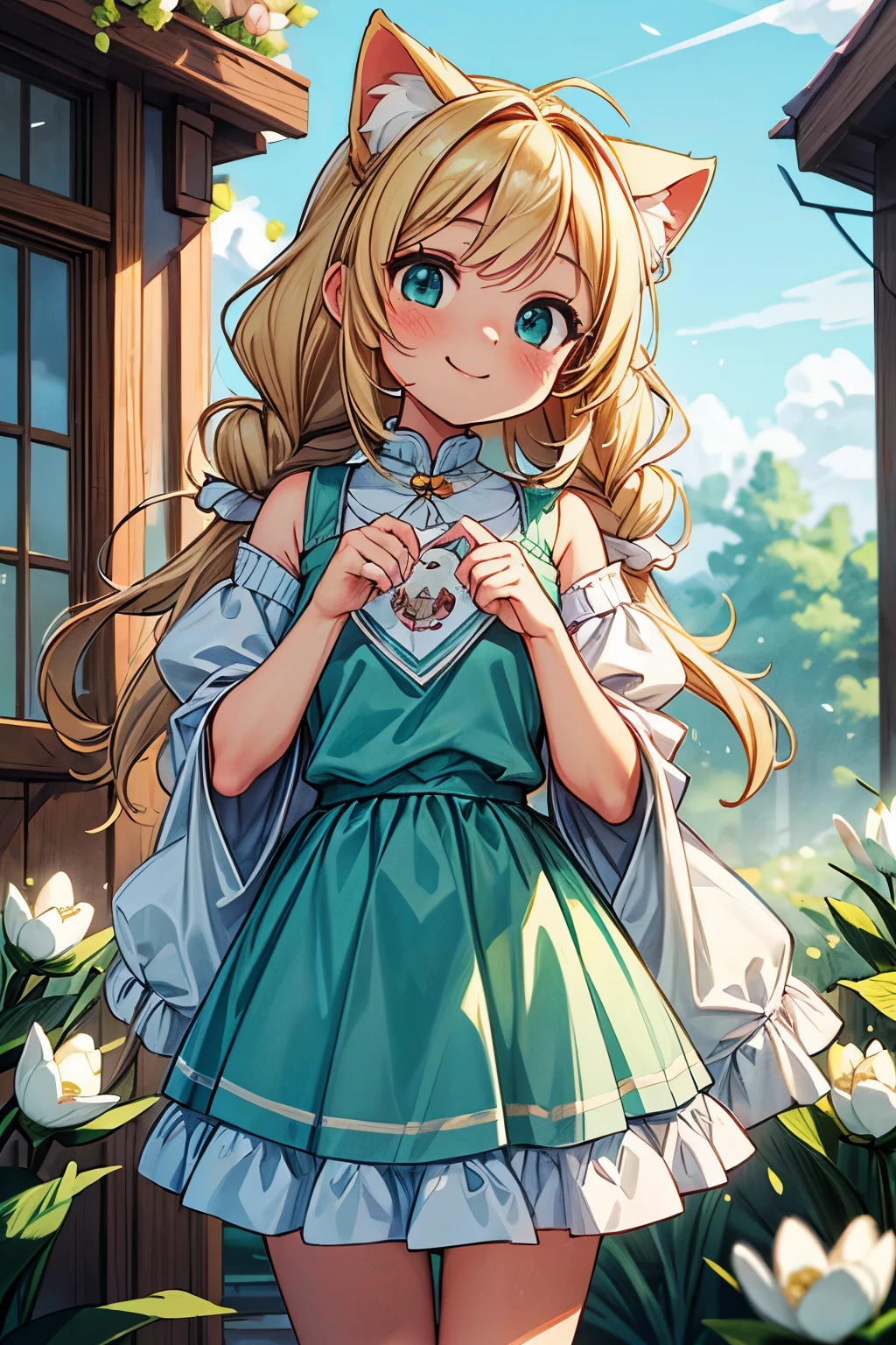 ((Masterpiece)), ((best quality)), (High Definition:1.3), (Professional Photography:1.2), A woman who symbolizes cuteness and kindness. (Familiar face) (Details:1.3) Blonde hair, braids, warm place, camisole, warm light, bricks, outside, spring coming, eyes touching fluffy fur, cat ears A woman staring, very cute fluffy chibi characters that look fluffy and happy (Spring: 1.5) Smile, heavenly, epic, sky blue and light green tones, fantasy world, cute world.