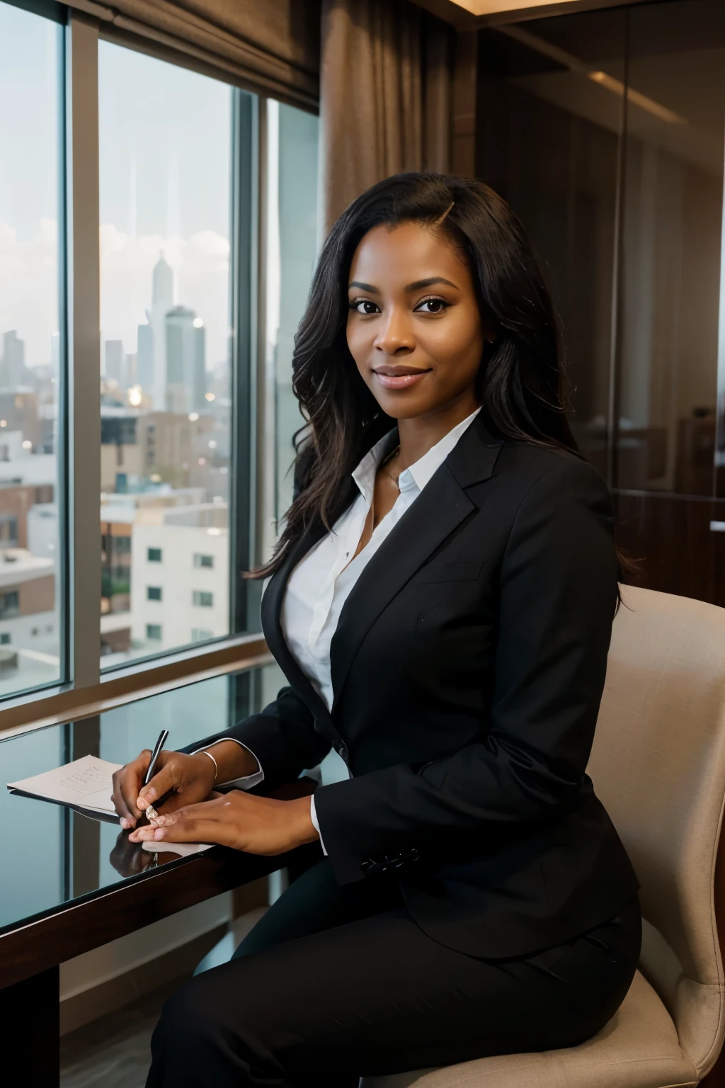 realistic image In a luxurious penthouse suite overlooking the city, she is professionally sitting at her desk, surrounded by opulence and refinement. As the camera captures her in this lavish setting, it portrays the lifestyle of a successful dark skinned middle aged size 12 African American businesswoman who has attained wealth and prestige through her hard work and dedication. backdrop that echoes professionalism and success, you, an accomplished African American dark skin business owner, exude confidence and expertise in a black pant and top tailored attire. With a subtle yet engaging smile, beautiful black hair, your eyes convey determination and approachability, capturing the essence of a dynamic professional poised to make an impact. This headshot embodies your personal brand as a forward-thinking leader in your field, inviting connections and opportunities that align with your career aspirations.