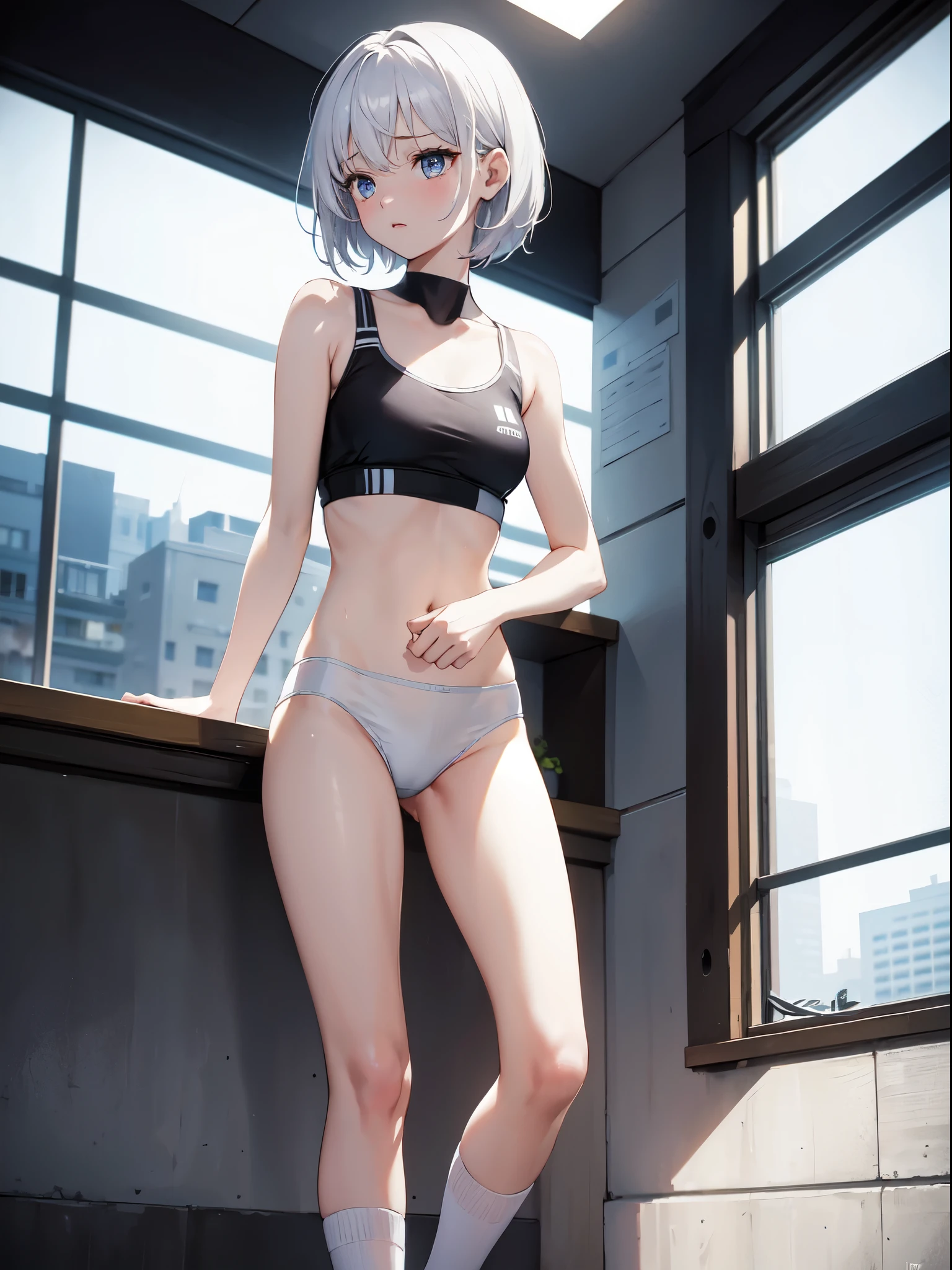 1 girl, (alone:1.2), ((masterpiece)), Slim, , pale skin, ((delicate eyes)), (bokeh effect), sweating, (dynamic angle)，jump, white hair, short hair, bare shoulders，Lilu&#39;s collarbone, armpit, (External), shy, School cafeteria,  thong，sports shoes，White over-the-knee stockings，running，b cup，white girls sports bra，high resolution，Super detailed，marks of strangulation，Slim腿