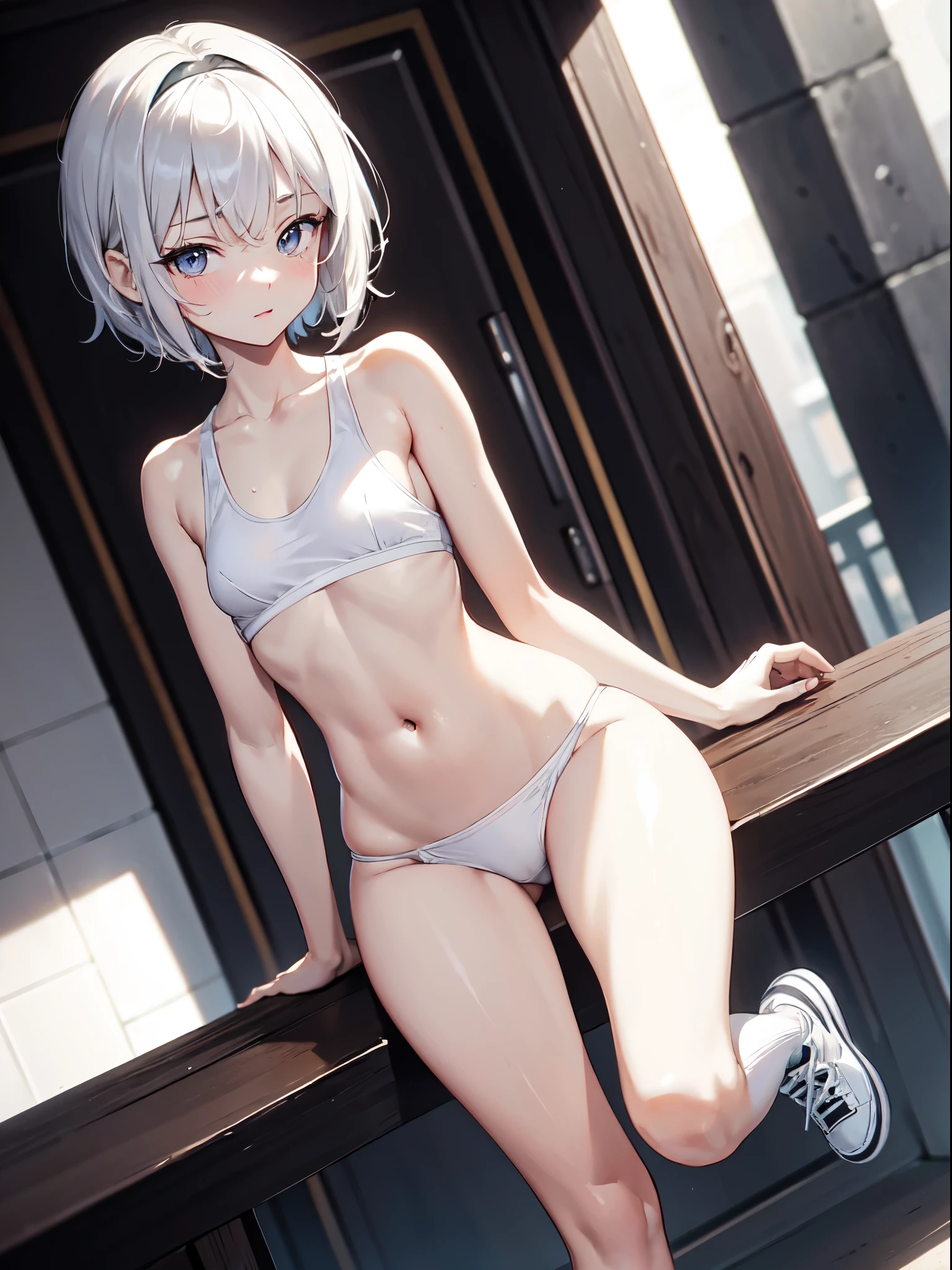 1 girl, (alone:1.2), ((masterpiece)), Slim, , pale skin, ((delicate eyes)), (bokeh effect), sweating, (dynamic angle)，jump, white hair, short hair, bare shoulders，Lilu&#39;s collarbone, armpit, (External), shy, School cafeteria,  thong，sports shoes，White over-the-knee stockings，running，b cup，white girls sports bra，high resolution，Super detailed，marks of strangulation，Slim腿