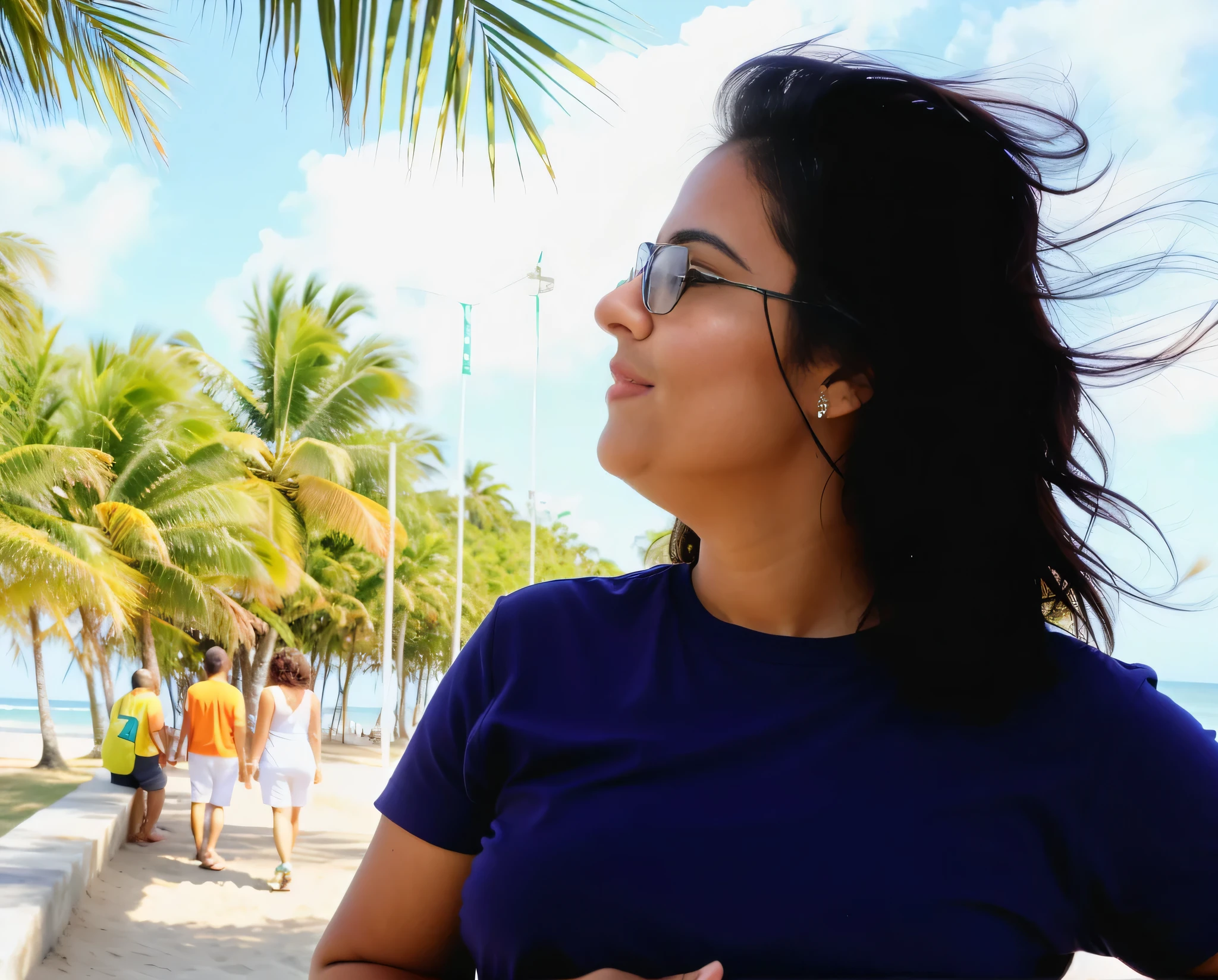 woman in glasses looking at palm trees on the beach, looking away from the camera, desviando o olhar do espectador, com palmeiras nas costas, olhando de lado, looking away from the camera, olhando para longe, retrato grande angular, Foto de perfil, looking to the side of the camera, olhando para longe, palmeiras ao fundo, looking at the sky, 35 anos. 8k