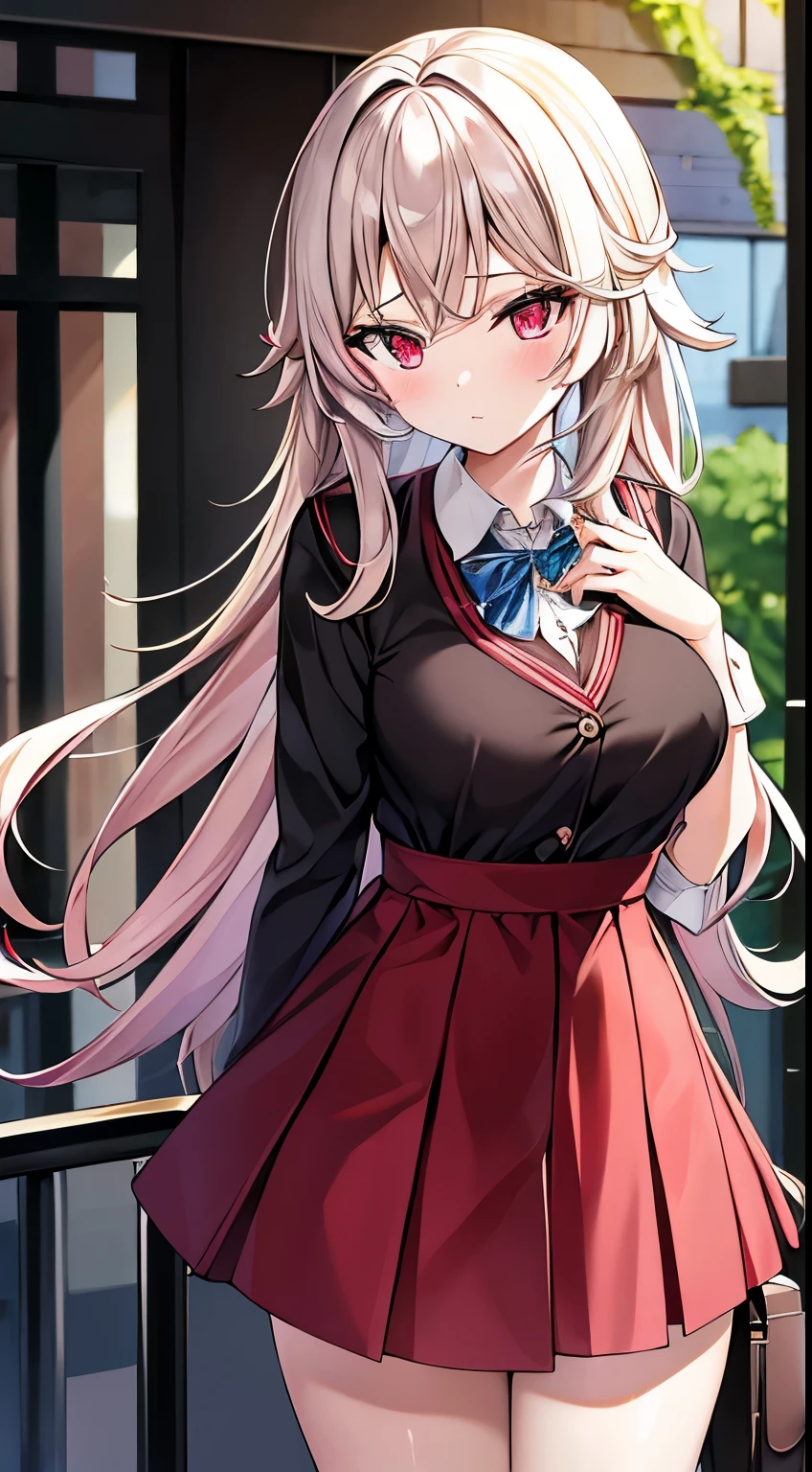 eirudy_\(springwitch3\), masterpiece,1girl,red ruby eyes, school uniform, city, absurdres, high res, ultrasharp, 8K, masterpiece, looking at viewer