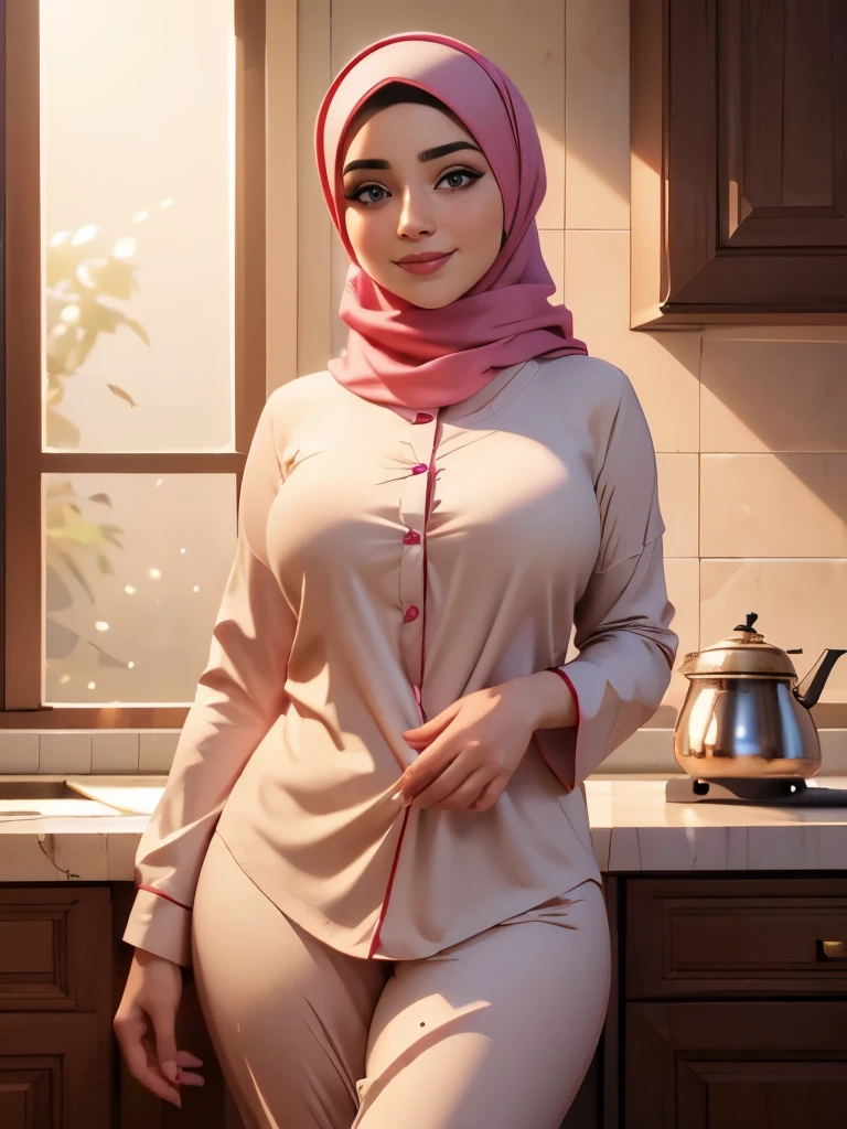 (best quality,4k,8k,highres,masterpiece:1.2),ultra-detailed,(realistic,photorealistic,photo-realistic:1.37),romantic lighting,beautiful iraqi wife. Hijab. Thicc,beautiful smile,sultry eyes,[sexy pajamas],standing in kitchen,freshly brewed coffee,glowing morning sunlight,soft pastel colors