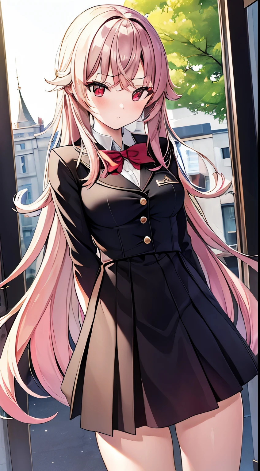 eirudy_\(springwitch3\), masterpiece,1girl,red ruby eyes, school uniform, city, absurdres, high res, ultrasharp, 8K, masterpiece, looking at viewer