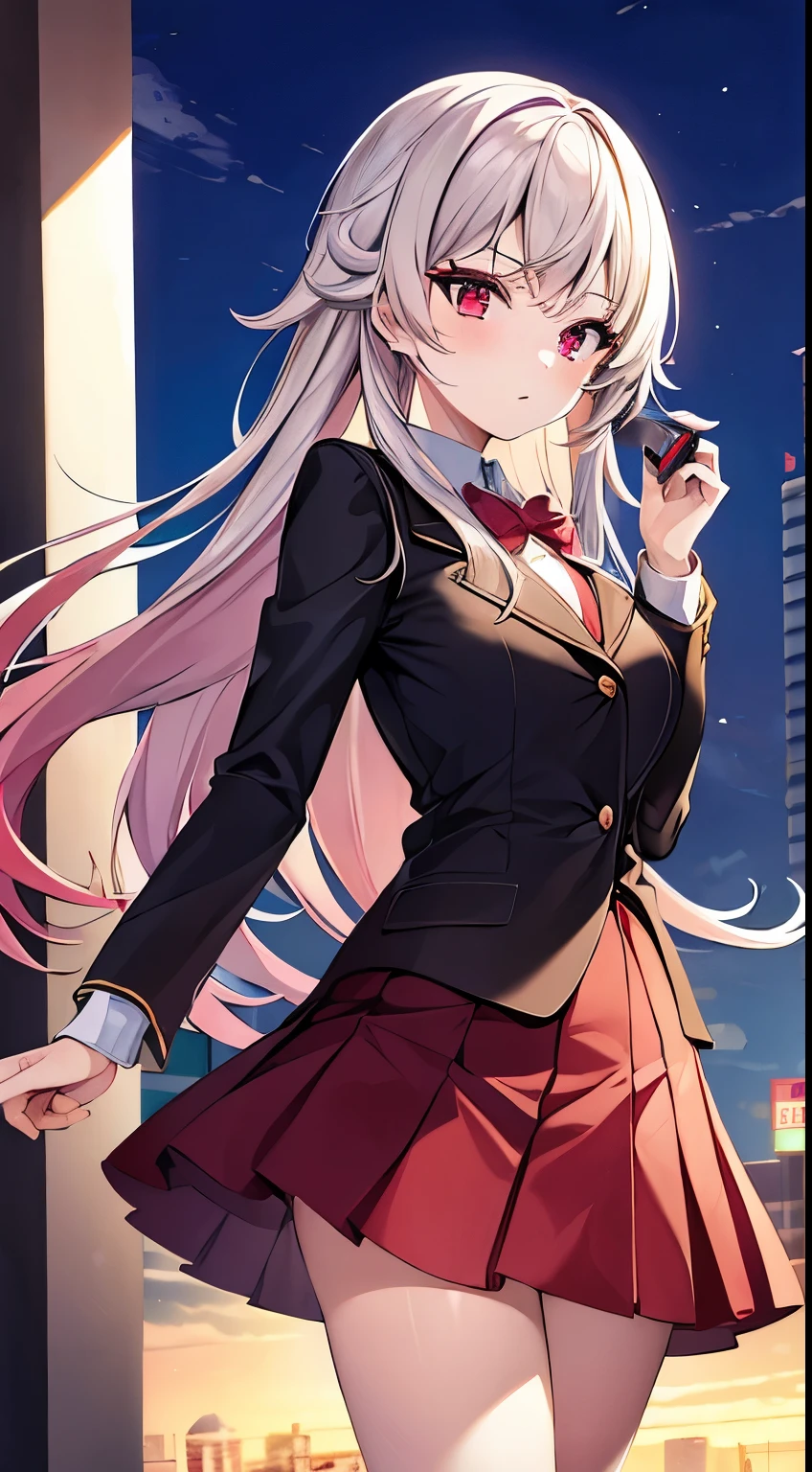 eirudy_\(springwitch3\), masterpiece,1girl,red ruby eyes, school uniform, city, absurdres, high res, ultrasharp, 8K, masterpiece, looking at viewer