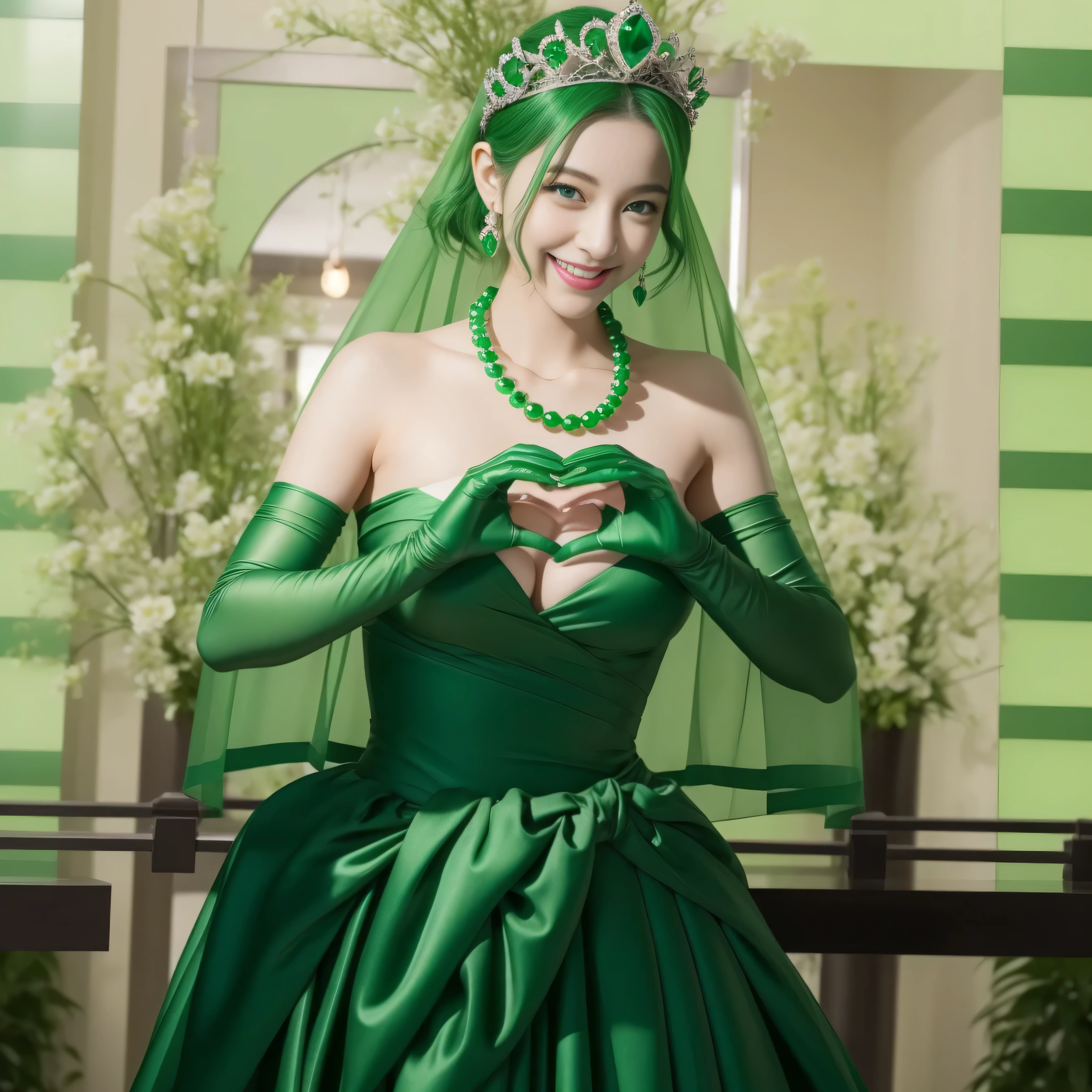 emerald tiara, Green Pearl Necklace, ボーイッシュな非常に短いgreen hair, green lips, smiling Japanese woman, very short hair, beautiful woman with big breasts, green eyes, green satin long gloves, green eyes, emerald earrings, Green veil, Heart with both hands, green hair, beautiful japanese woman, heart shaped hands:1.3, green lip gloss
