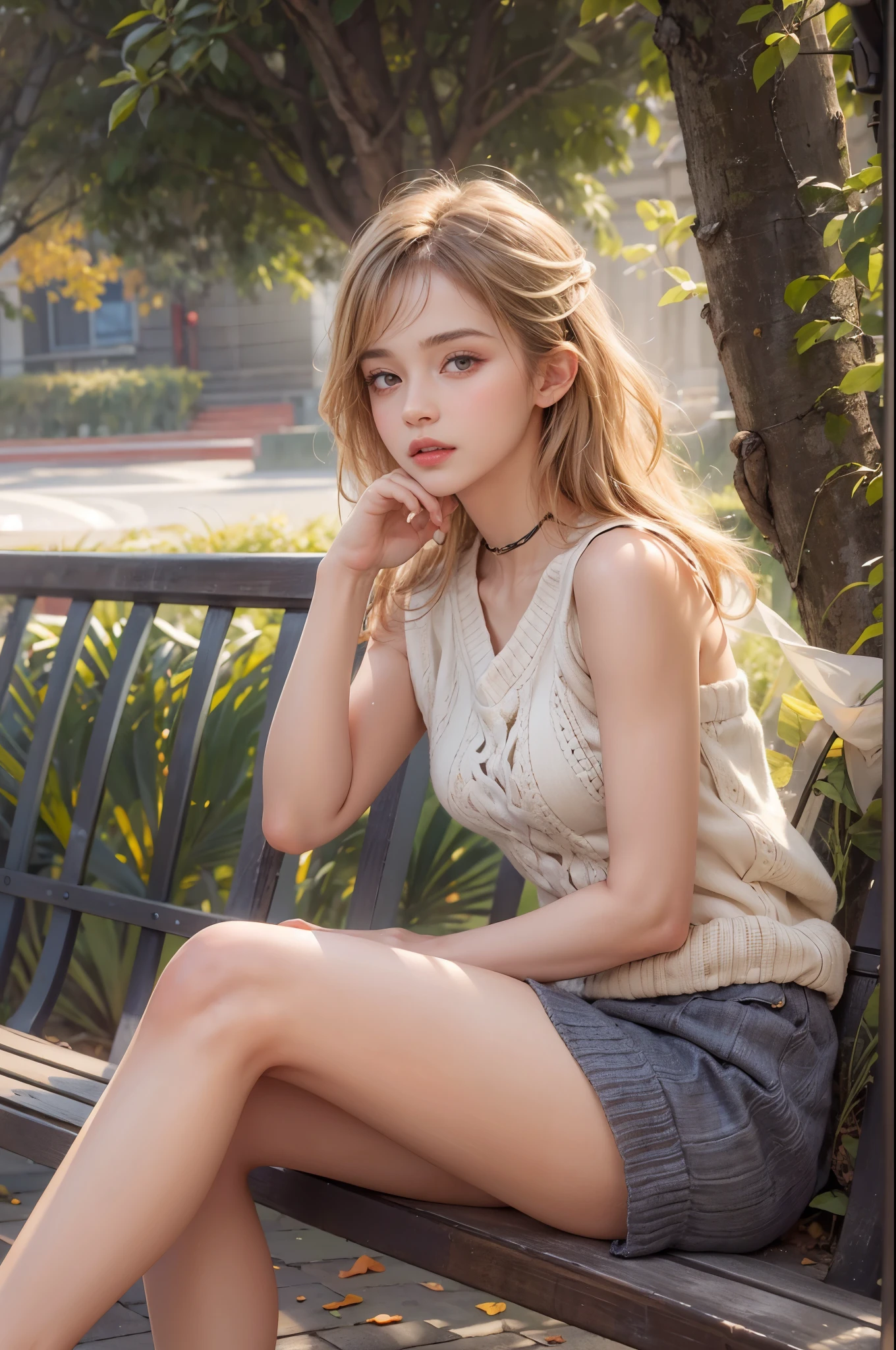masterpiece, best quality, high quality, High definition, High quality texture, High quality shadow, high detail, beautiful detailed, finely detailed, extremely detailed cg, detailed texture, a realistic representation of the face, realistic, colorful, delicate, sharp focus, (intricate details, makeup, PureErosFace_V1:0.5), (detailed beautiful delicate face, detailed beautiful delicate eyes, a face of perfect proportion, high detailed skin, detailed skin, best ratio four finger and one thumb, skiny and thin:1.3), 1girl, 17 years old, tall, (smooth_abs:1.55), (abs:0.5), pretty, masterpiece, highres, (long_skinny_legs), (straight_legs), (skinny_waist), (((fair skin))), white skin, (((pale skin))), (Emma_watson), big_breast, (((Caucasian))), Light blonde hair, full body, portrait of 1 cute blonde girl, film grain, Fujifilm XT3, dreamy. ((full body)), ((from side)), ((Sit on a park bench, slender leg)), Short orange short skirt, (Campus style), autumn afternoon warm lights, bloom, orange fog, motion, Simple blurred background, ((orange knit bandeau)), orange fruit
