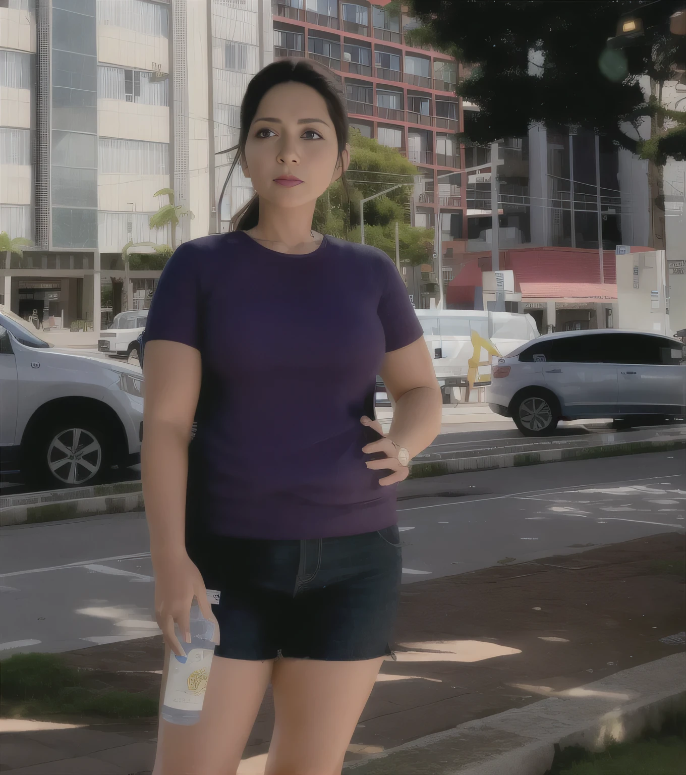 woman standing on the sidewalk with a bottle of water and a cell phone, Mulher de 30 anos do Brasil, parado no centro da cidade, parado na rua, standing on street corner, parado na rua, parado em uma rua da cidade, vestindo camiseta roxa, parado na rua, em uma rua da cidade, 8k
