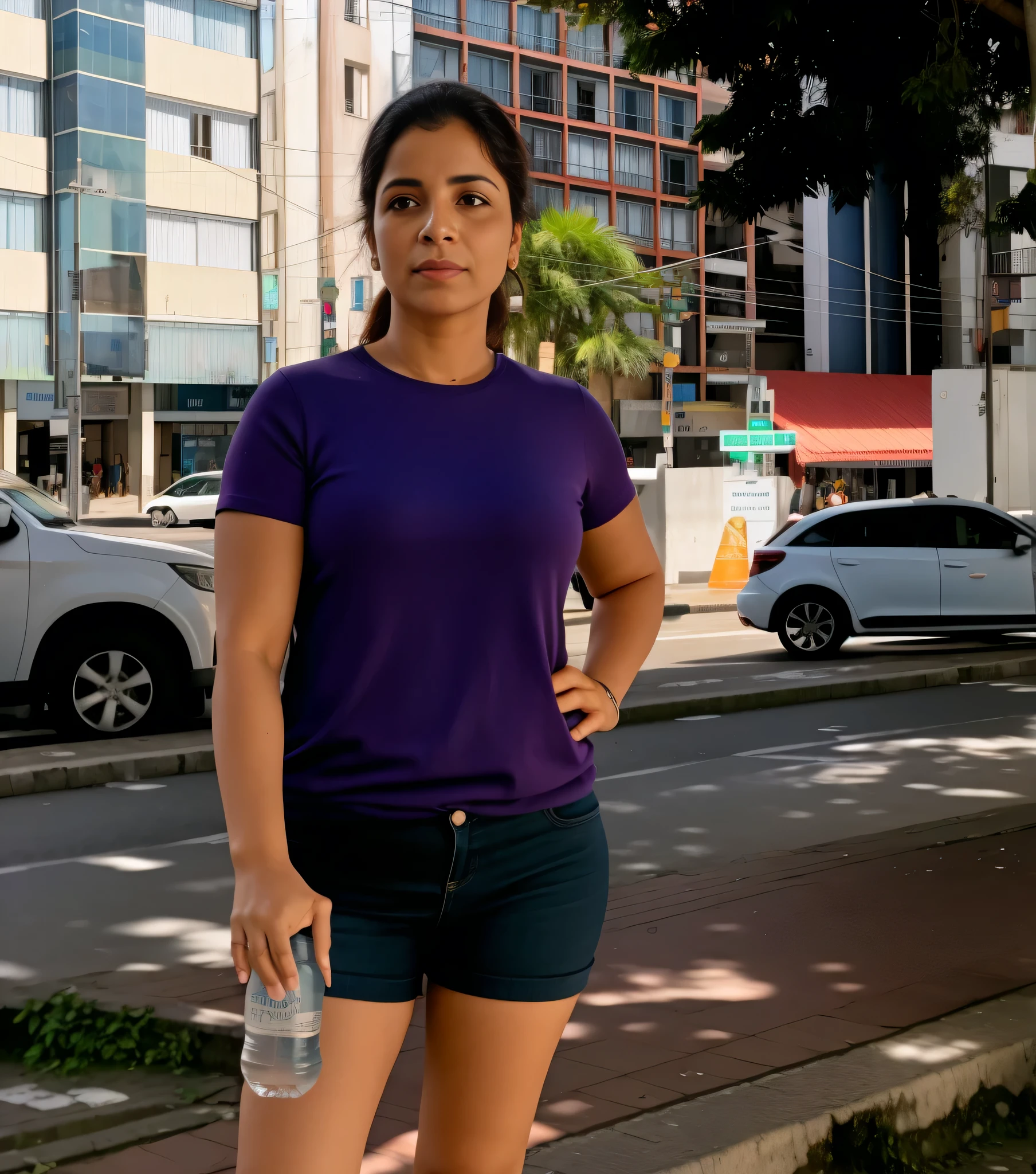 woman standing on the sidewalk with a bottle of water and a cell phone, Mulher de 30 anos do Brasil, parado no centro da cidade, parado na rua, standing on street corner, parado na rua, parado em uma rua da cidade, vestindo camiseta roxa, parado na rua, em uma rua da cidade, 8k