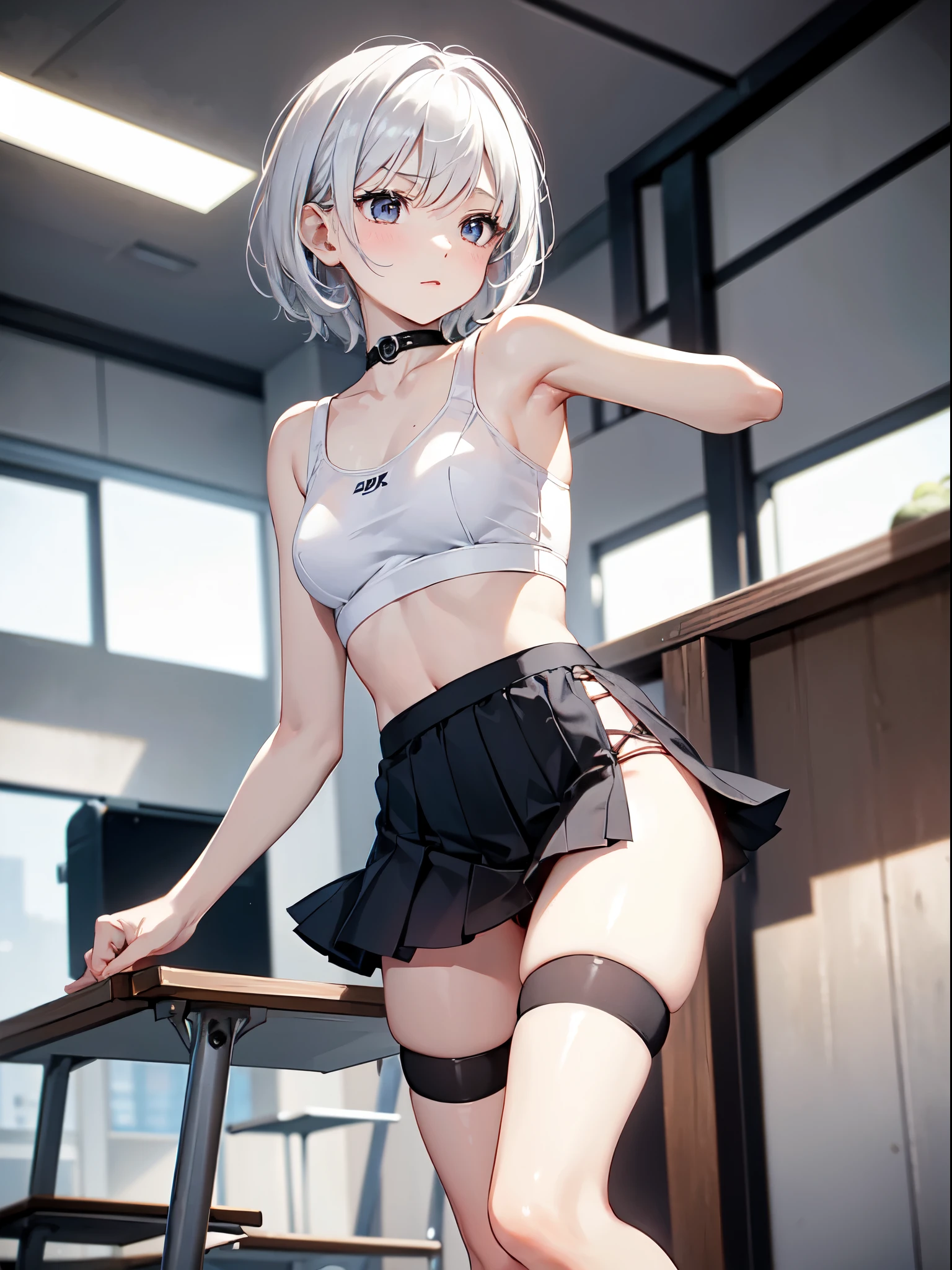 1 girl, (alone:1.2), ((masterpiece)), Slim, , pale skin, ((delicate eyes)), (bokeh effect), sweating, (dynamic angle)，jump, white hair, short hair, bare shoulders，Lilu&#39;s collarbone, armpit, (External), shy, School cafeteria,  thong，sports shoes，White over-the-knee stockings，running，b cup，white girls sports bra，high resolution，Super detailed，marks of strangulation，Slim腿
