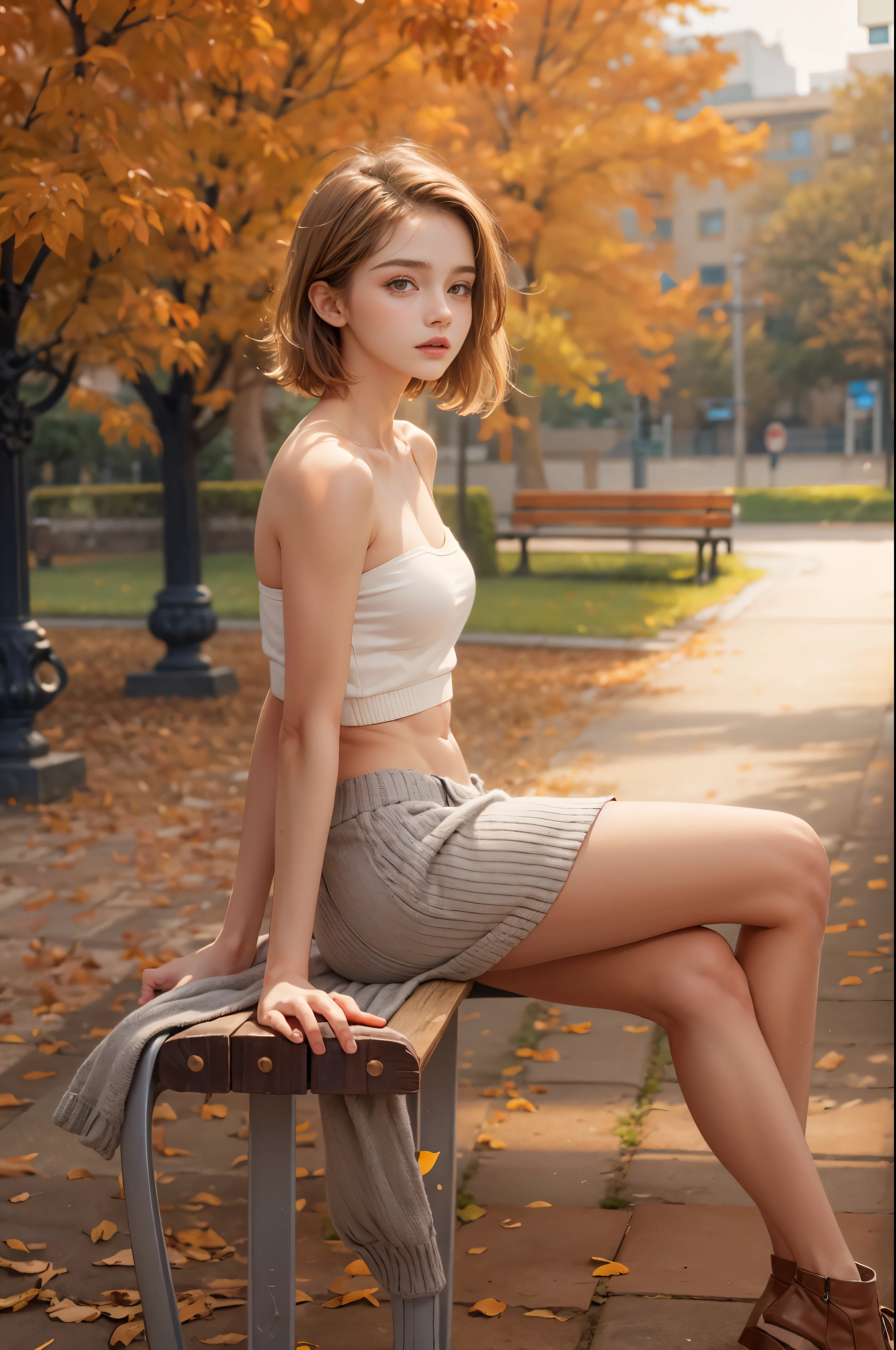 masterpiece, best quality, high quality, High definition, High quality texture, High quality shadow, high detail, beautiful detailed, finely detailed, extremely detailed cg, detailed texture, a realistic representation of the face, realistic, colorful, delicate, sharp focus, (intricate details, makeup, PureErosFace_V1:0.5), (detailed beautiful delicate face, detailed beautiful delicate eyes, a face of perfect proportion, high detailed skin, detailed skin, best ratio four finger and one thumb, skiny and thin:1.3), 1girl, , tall, (smooth_abs:1.55), (abs:0.5), pretty, masterpiece, highres, (long_skinny_legs), (straight_legs), (skinny_waist), (((fair skin))), white skin, (((pale skin))), (Emma_watson), big_breast, (((Caucasian))), Light blonde hair, full body, portrait of 1 cute blonde girl, film grain, Fujifilm XT3, dreamy. ((full body)), ((from side)), ((Sit on a park bench, slender leg)), Short orange short skirt, (Campus style), autumn afternoon warm lights, bloom, orange fog, motion, Simple blurred background, ((orange knit bandeau)), orange fruit