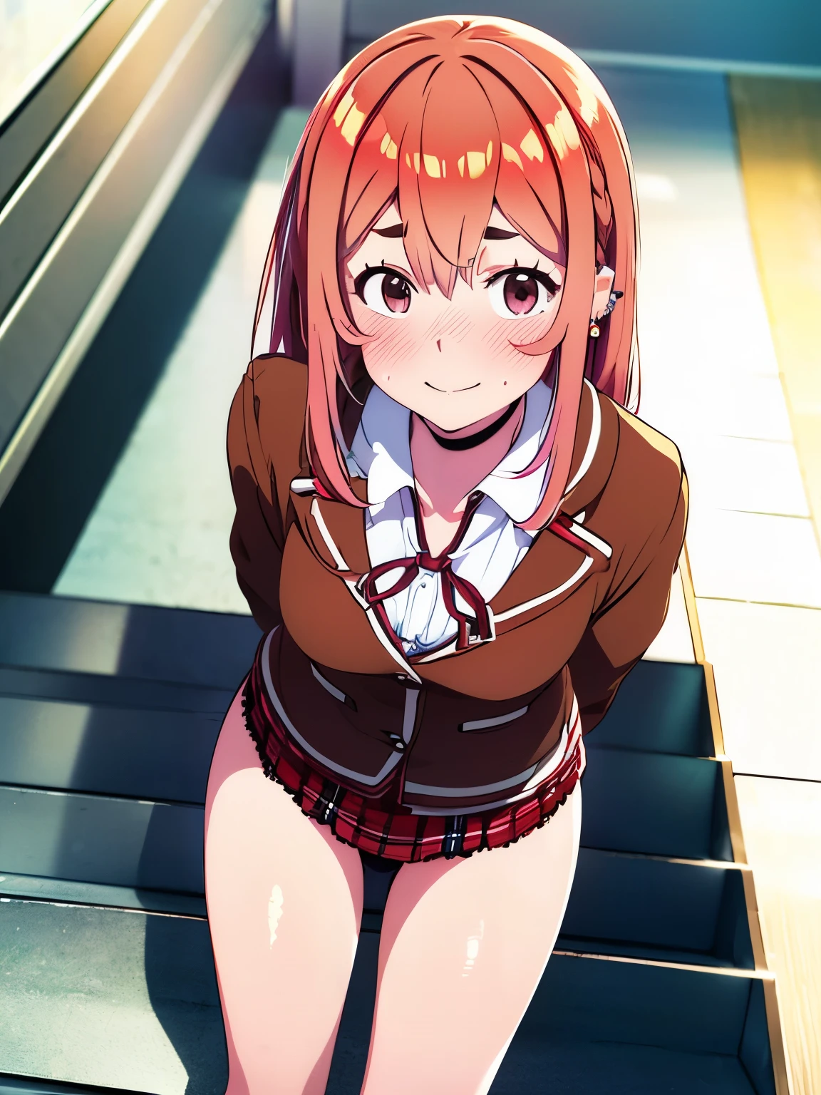 ((masutepiece, Best Quality, hight resolution, nffsw, Perfect Pixel,  4K, nffsw, nffsw))), 1girl in, Single, Solo, Beautie、full body seen、 ((Middle Wave Hair, Bangs, Brown hair)), ((Brown-eyed, Beautiful eyelashes, Realistic eyes)), ((Detailed face, Blushing:1.2)), ((Smooth texture:0.75, Realistic texture:0.65, Photorealistic:1.1, Anime CG style)), medium breasts, Dynamic Angle, Perfect body,  ((red bowtie, School uniform, Black jacket, Open jacket, Brown cardigan, White shirt, Black skirt, plaid skirts)), City staircase、Looking up from the bottom of the stairs、Very embarrassing panic smile, turned around、bending forward、(The wind flipped my skirt and exposed my butt......................、Touching the buttocks with both hands、Light pink floral lace panties)、akebi komichi、　smiling at you、masterpiece, best quality, highres, kitagawa marin, 1girl, blonde hair, long hair, multicolored hair, red eyes, jewelry, earrings, piercing, school uniform, white shirt, tied shirt, black choker, blue necktie, plaid skirt, grin, smile, standing, cowboy shot, outdoors, 32K, 8K, (In the chest:1.2), Arms above the head, ((Opening legs)), ​masterpiece, Gorgeous lace string underwear in dark blue、((T-back panties that dig into the crotch))、Japan idle, Wide waist, ((open one's legs)), (Sloppily open your mouth), （Open both eyes wide), sweaty and shiny skin, Brown hair, poneyTail、Look at viewers , full body Esbian、perfect bodies、Luxury hotel lounges、