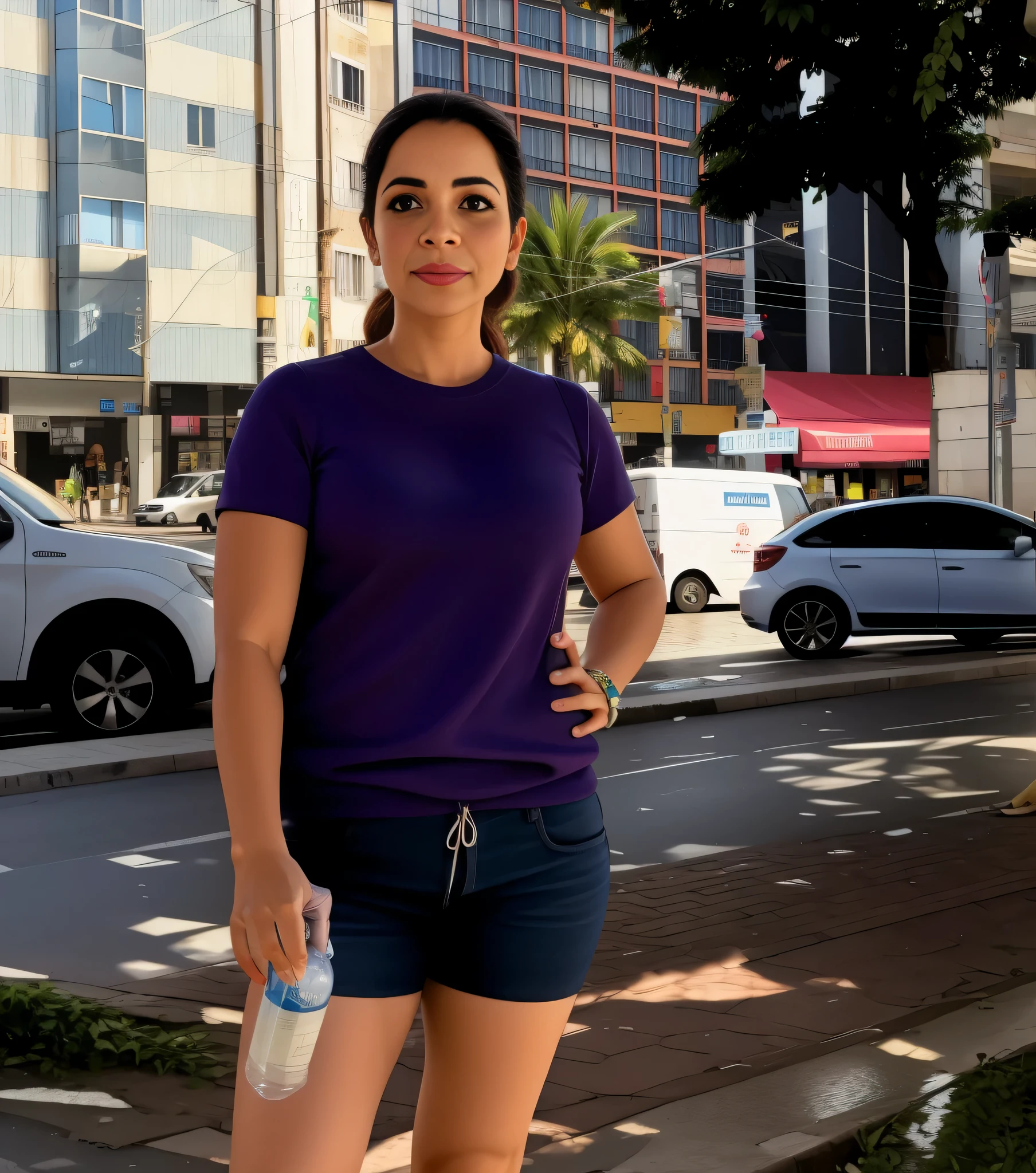 woman standing on the sidewalk with a bottle of water and a cell phone, Mulher de 30 anos do Brasil, parado no centro da cidade, parado na rua, standing on street corner, parado na rua, parado em uma rua da cidade, vestindo camiseta roxa, parado na rua, em uma rua da cidade, 8k