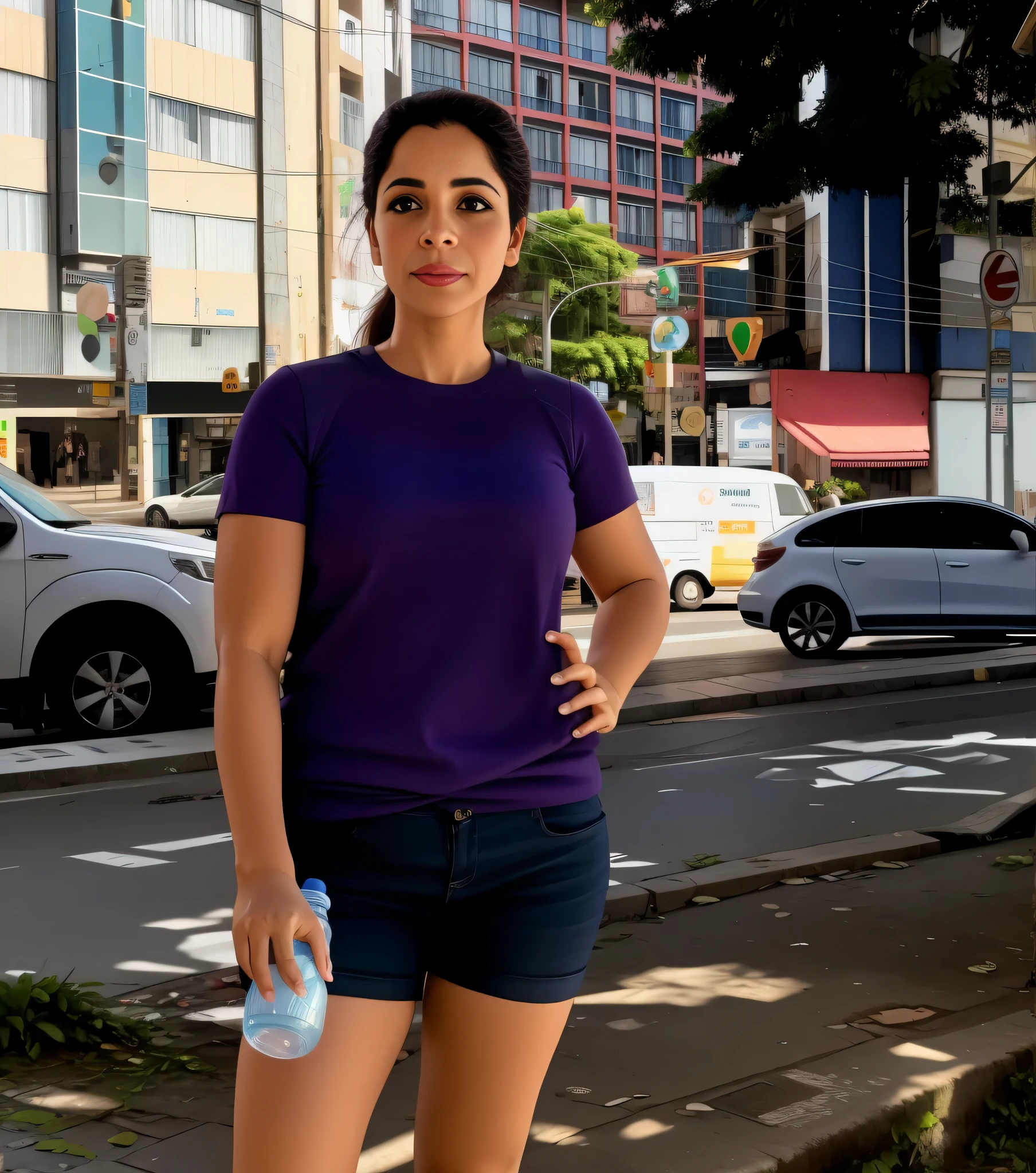 woman standing on the sidewalk with a bottle of water and a cell phone, Mulher de 30 anos do Brasil, parado no centro da cidade, parado na rua, standing on street corner, parado na rua, parado em uma rua da cidade, vestindo camiseta roxa, parado na rua, em uma rua da cidade, 8k