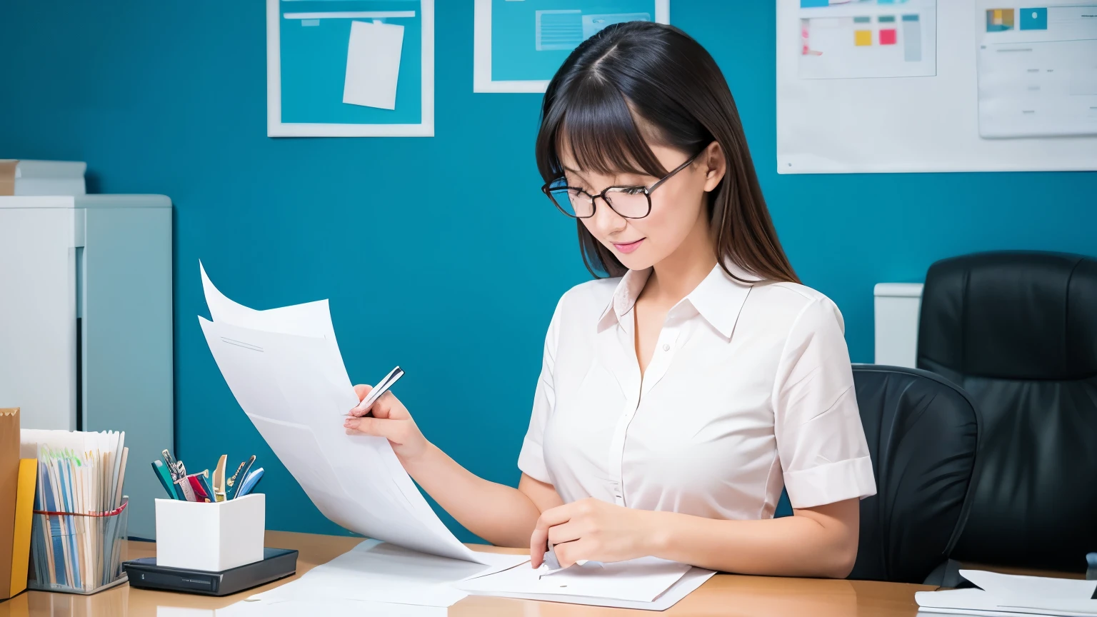 a cute office lady is filing a lot of paper.