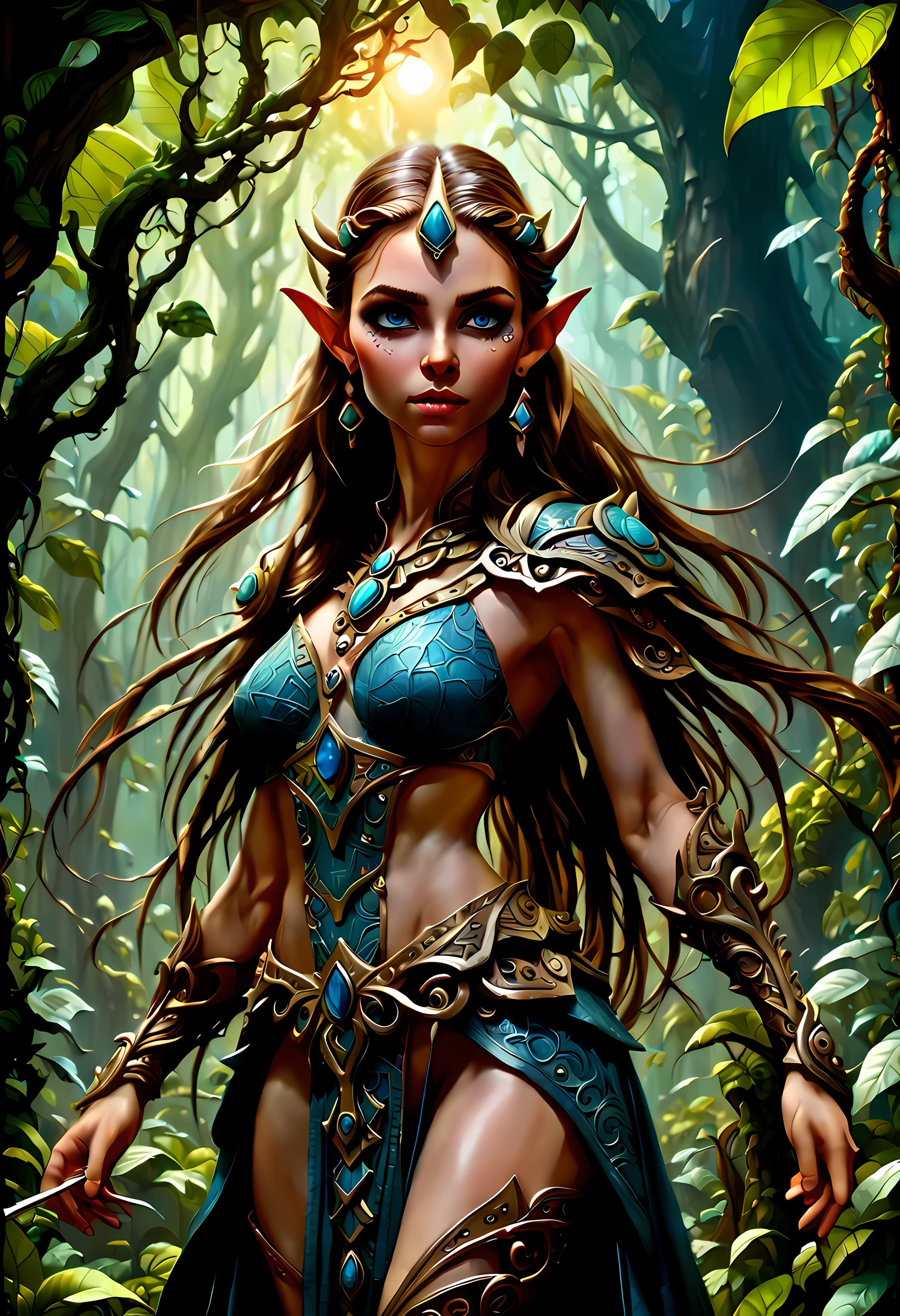 high details, best quality, 16k, [ultra detailed], masterpiece, best quality, (extremely detailed), dynamic angle, ultra wide shot, RAW, photorealistic, fantasy art, realistic art, a female elf druid (intricate details, Masterpiece, best quality: 1.5) in a jungle, a female elf wearing leather clothes intricate details, Masterpiece, best quality: 1.4), leather boots, thick hair, long hair, brown hair, intense blue eyes, vibrant jungle (intense details), plenty of plant life, vines coming from trees, many jungle trees (intricate details, Masterpiece, best quality: ), vines, a river flowing, sun light, dynamic light. dynamic angle, (intricate details, Masterpiece, best quality: 1.5) , 2.5 rendering, high details, best quality, highres, ultra wide angle