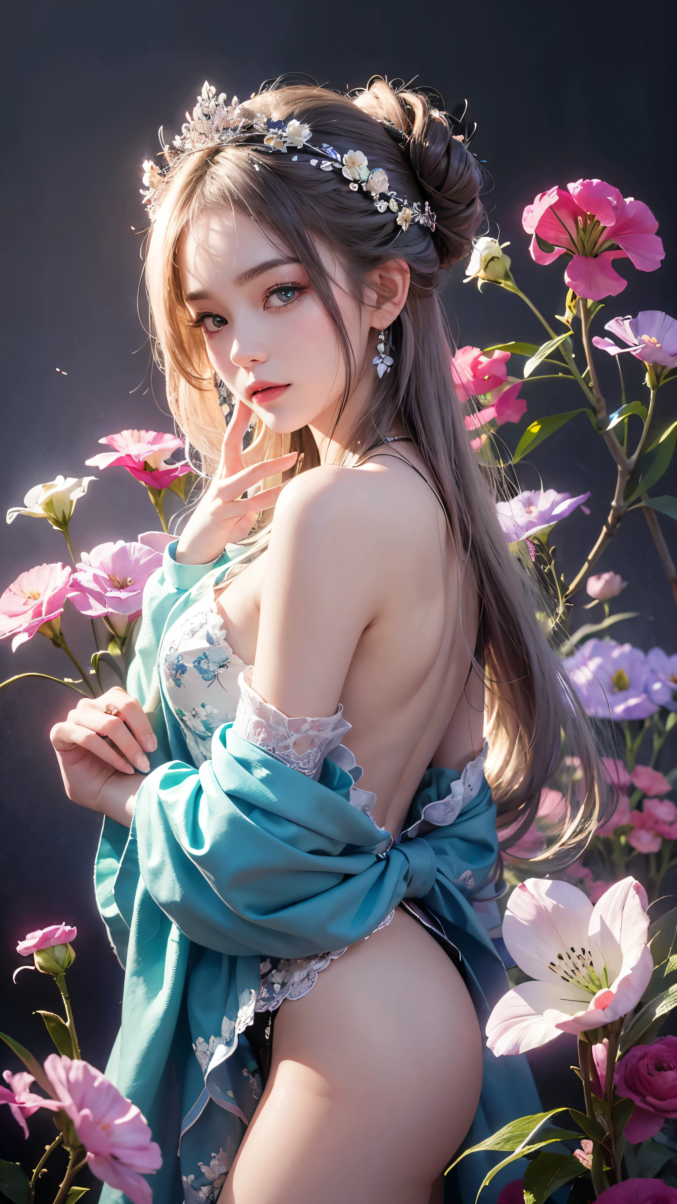 1 girl, long hair, flower, Lisianthus, in the style of Silver and light azure, dreamy romantic work, Silver, Fantastic leaves, playful arrangement, fantasy, high contrast, ink stroke, explosion, exposed, Silver and pink tone impression, abstract, attractive pose,