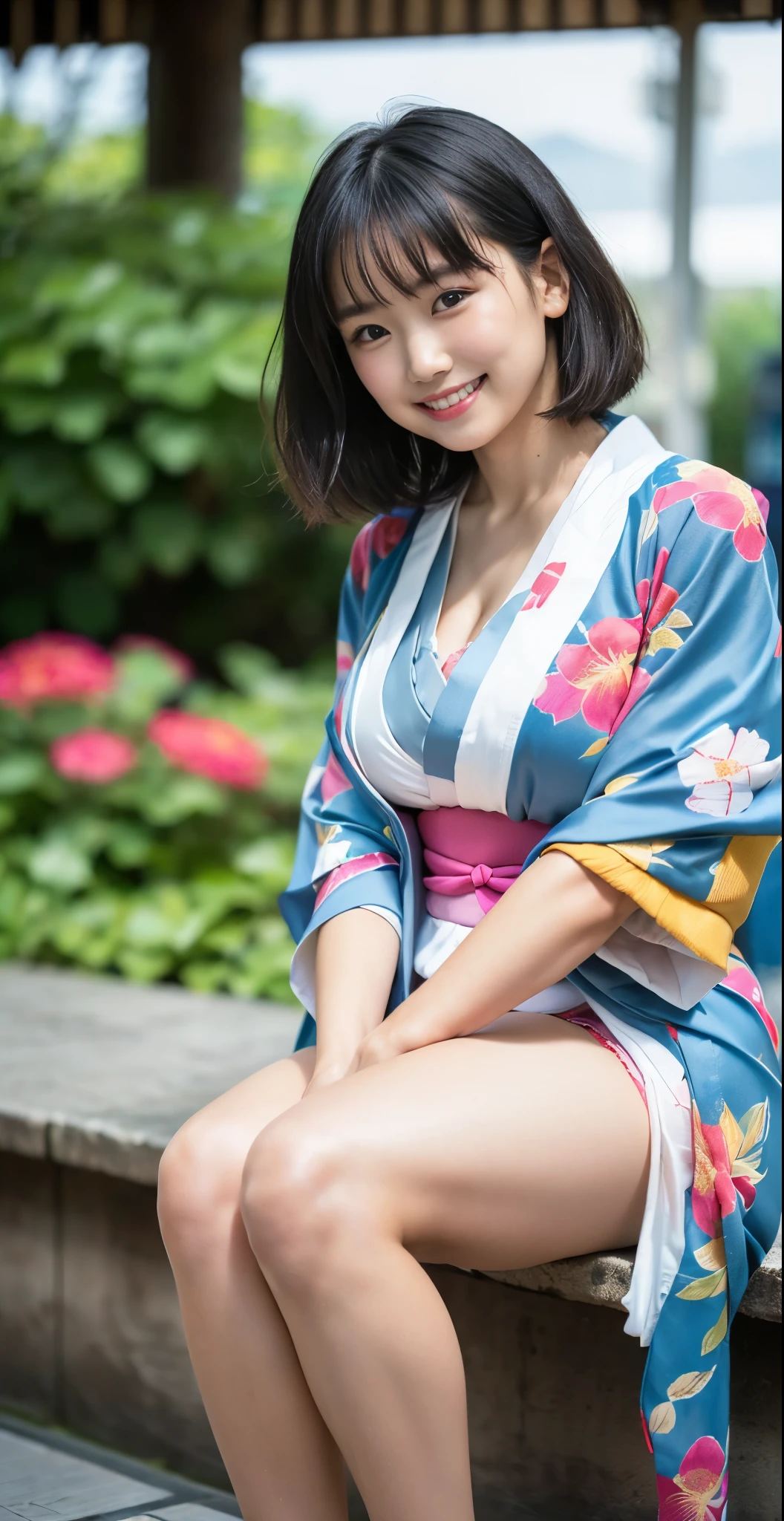 (8k、Raw photography、highest quality、masterpiece:1.2),(black hair、very short hair:1.7),show viewer,Looking at the front,erotic,white skin,(Wearing a kimono with a colorful floral pattern:1.6)、(Clothing that emphasizes the shape of your chest、exposing skin:1.5)、(big breasts :1.4)、slim body shape、ultra high resolution,beautiful,beautiful fece,(alone, alone、no background:1.9),whole bodyボディー,japanese woman,(Photoreal:1.37)、photon mapping,reality、(-faced and cute: 1.0)、(cute smile: 1.7)、(With a round face: 1.8)、radio city、Physically based rendering、depth of field rally background、photograph, (I can see your knees,close up of thighs、short kimono、I can see your panties:1.6),whole body、super fine