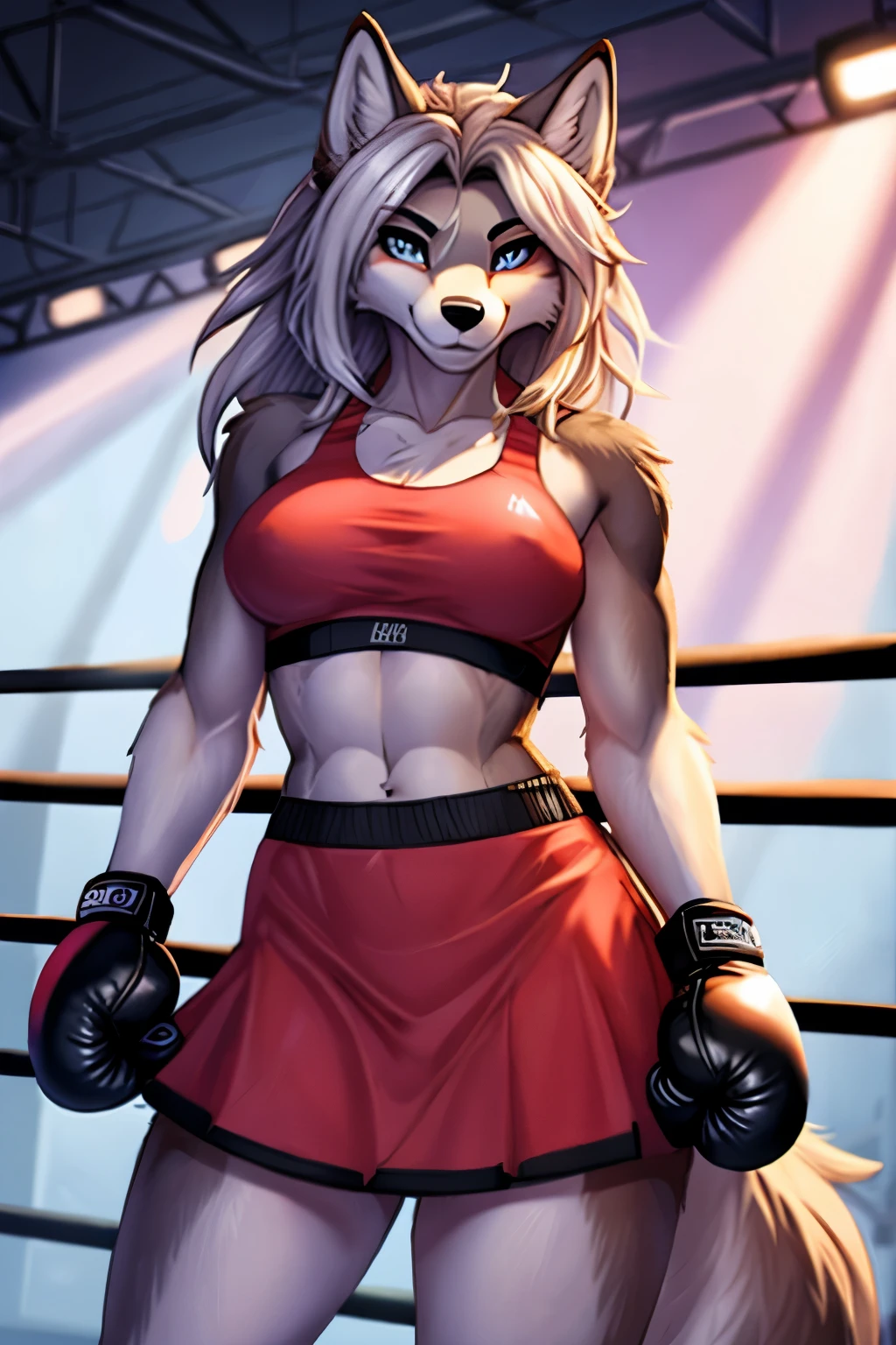 Detailed Image, arrogant anthropomorphic wolf with fur, super model, face like a wolf, white fur, arrogant smile, long light hair, in a pink expensive crop top, in an expensive pink sports skirt, wearing white boxing gloves, stands absolutely alone in the boxing ring in a calm pose