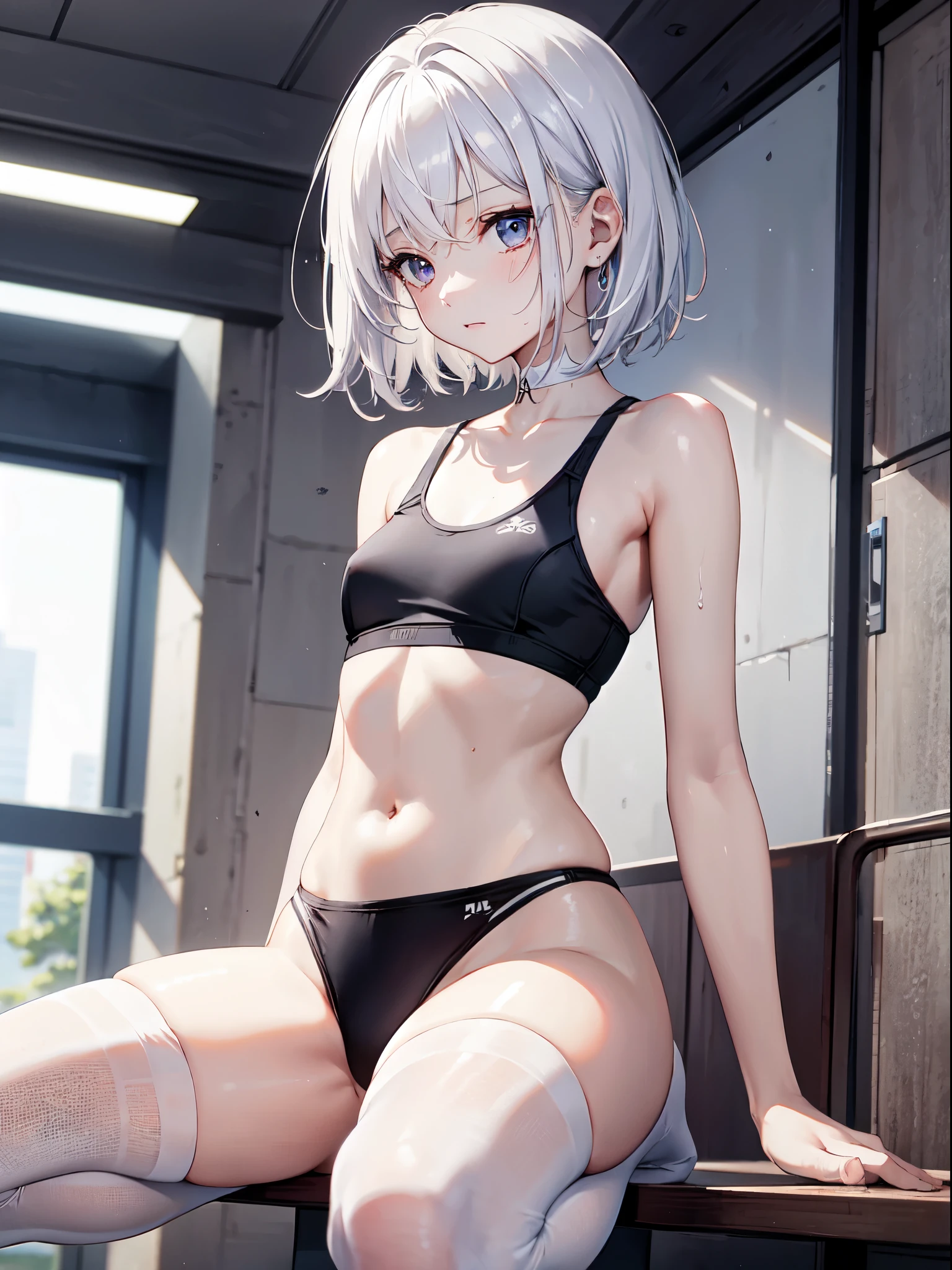 1 girl, (alone:1.2), ((masterpiece)), Slim, , pale skin, ((delicate eyes)), (bokeh effect), sweating, (dynamic angle),jump, white hair, short hair, bare shoulders,Lilu's collarbone, armpit, (External), Fear, School cafeteria, thong,sports shoes,White over-the-knee stockings,running,b cup,white girls sports bra,high resolution,Super detailed,marks of strangulation,Slim腿
