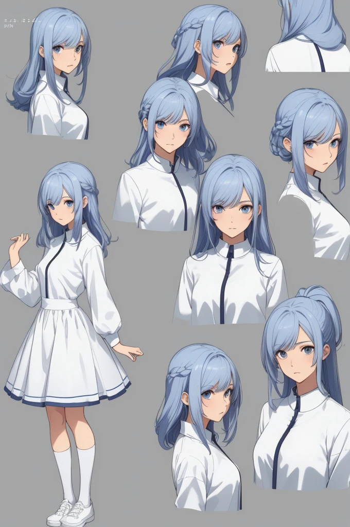 ((Masterpiece)),(((best quality))),(character design sheet, same character, front, side, go back), illustration, 1 girl, Hair color, smooth, Hair style fax, eyes, environment change scene, Hair style fax, Zitai poses, female, Shang Yi shirt, star, Chartern Betalora, (simple go background, white go background: 1.3), --6