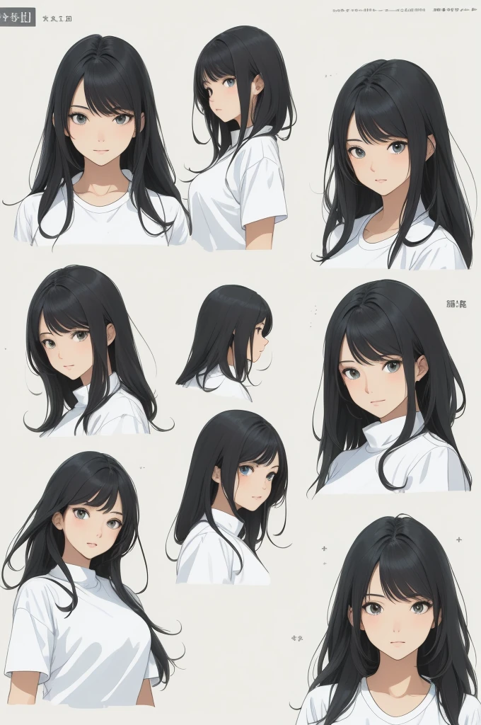 ((Masterpiece)),(((best quality))),(character design sheet, same character, front, side, go back), illustration, 1 girl, Hair color, smooth, Hair style fax, eyes, environment change scene, Hair style fax, Zitai poses, female, Shang Yi shirt, star, Chartern Betalora, (simple go background, white go background: 1.3), --6