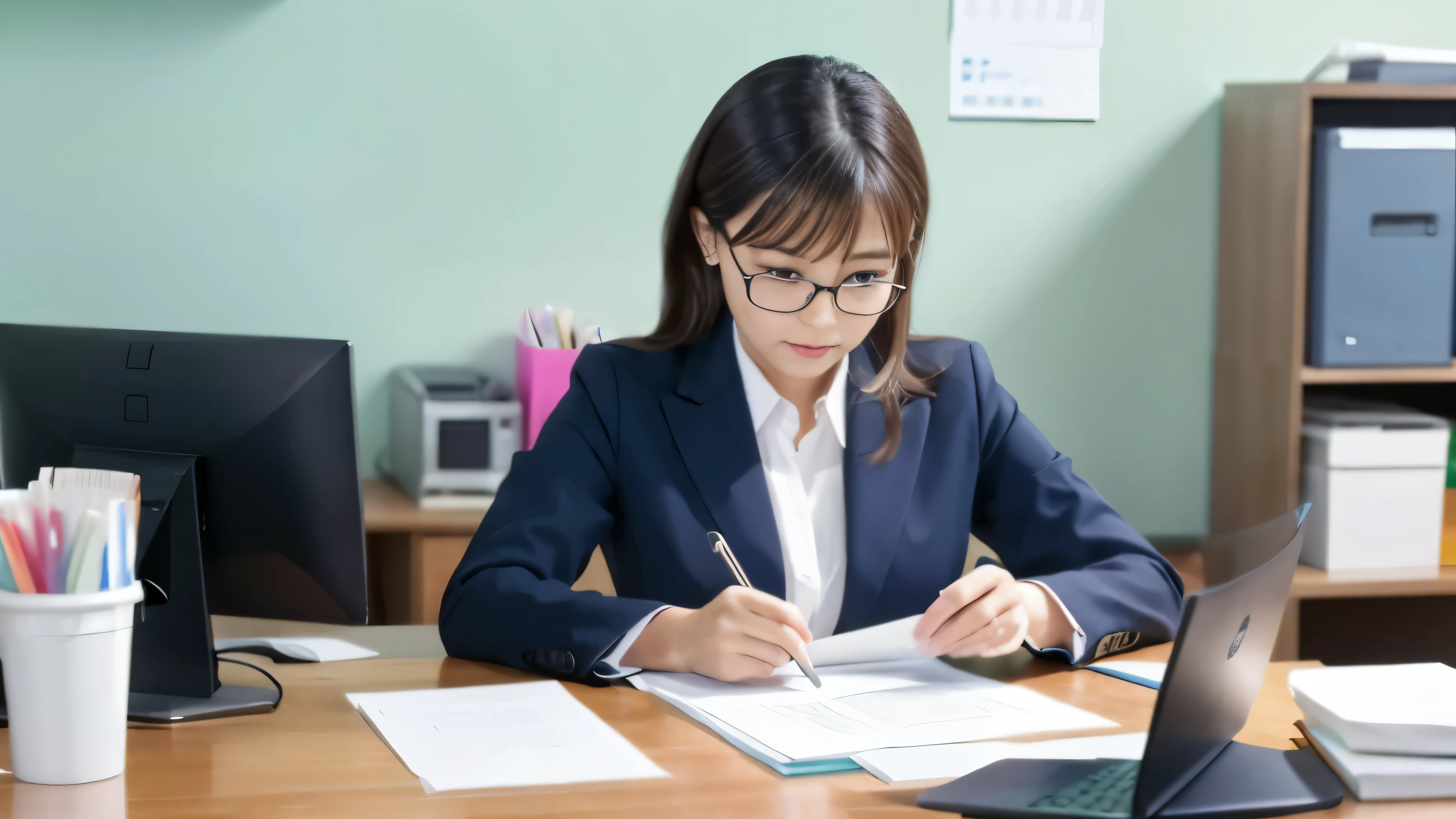 a cute office lady is filing a lot of paper. no glasses