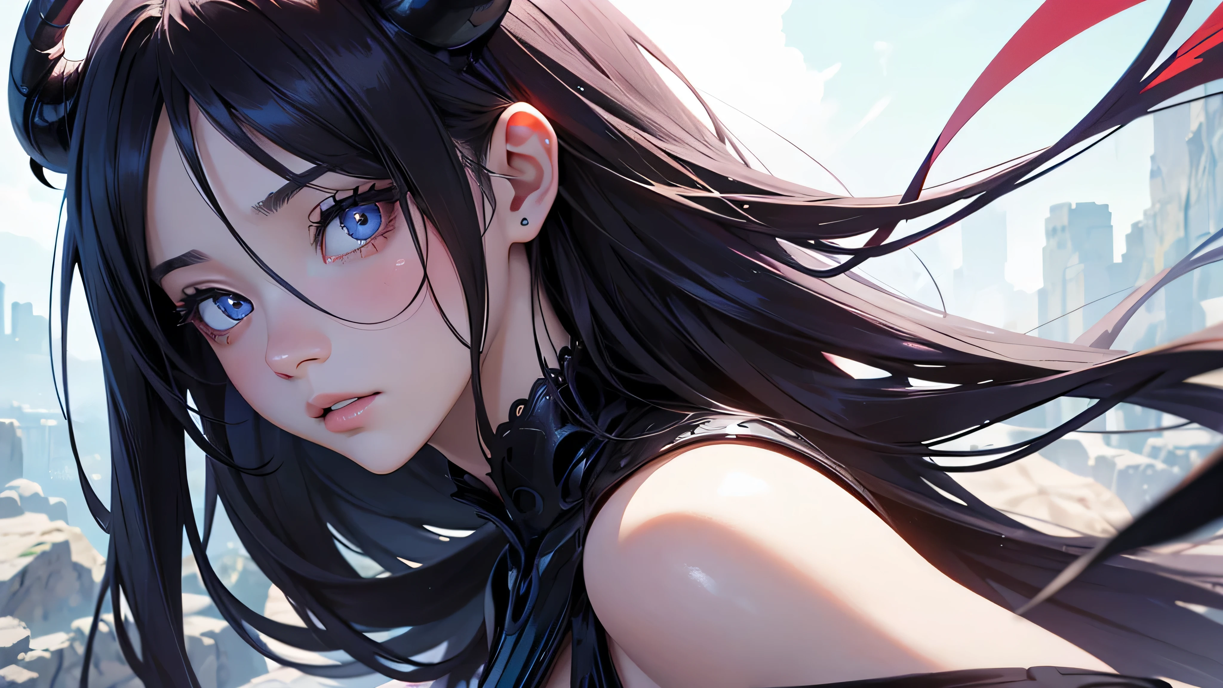 Create a high-quality image using artificial intelligence that depicts a cute anime girl with demonic features. The girl must have delicate and captivating features, com olhos expressivos e cabelos exuberantes. Your appearance should convey a mysterious and seductive aura, combining angelic and demonic elements harmoniously. A imagem deve ser detalhada e envolvente, with attention to the smallest details to ensure a stunning representation of the anime's demon girl. Certifique-se de que a qualidade da imagem seja excepcional, destacando-se pela nitidez, cores vibrantes e texturas realistas, olhos extremamente detalhados, MORE DETAILED EYES POSSIBLE.