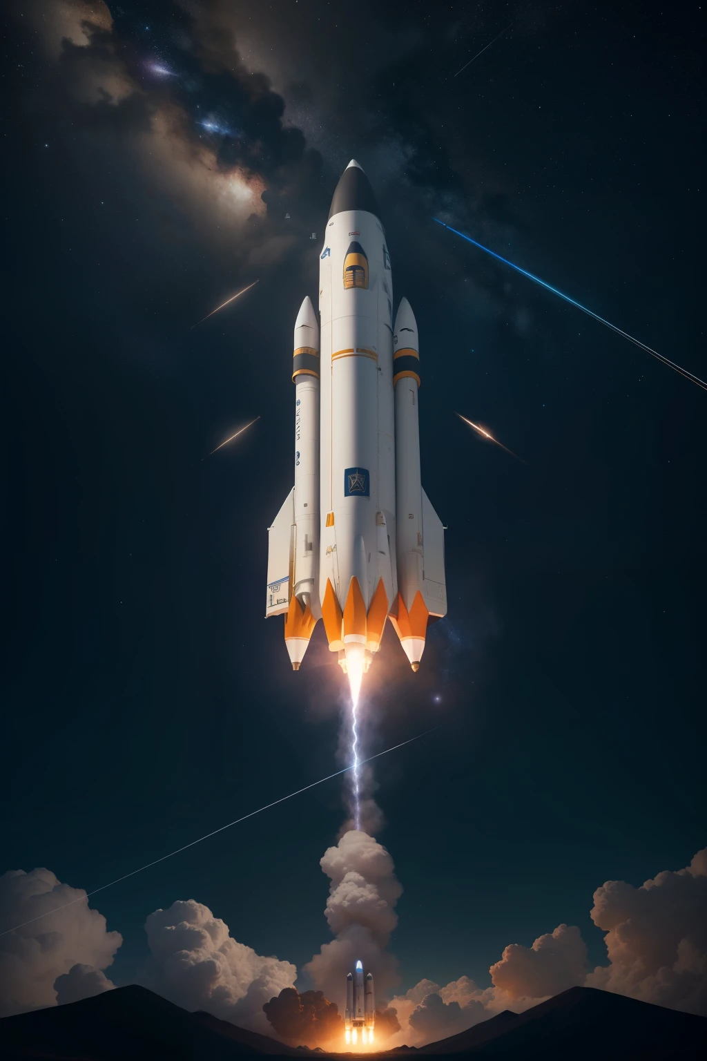 A captivating and intriguing illustration of a rocket carrying Bitcoin to the moon, a futuristic and artistic fusion of technology and cryptocurrency. The rocket, with smoke trails in the background under a starry night sky, is in full motion, ascending to the heavens. The Bitcoin symbol, shimmering and radiant, serves as the payload on the rocket's tip. The colors are rich and vibrant, with a memorable contrast between the dark night and the illuminated rocket and symbol. The overall composition is masterful and dynamic, invoking a sense of wonder and awe. High definition, realistic, digital art, Illustration, Sci-Fi, 8k